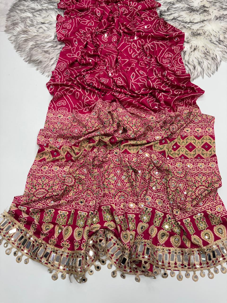 Gratifying Function Wear Pure Satin Silk Ajrak Printed Rich Pallu n Mirror Work Designer Saree With Blouse Piece