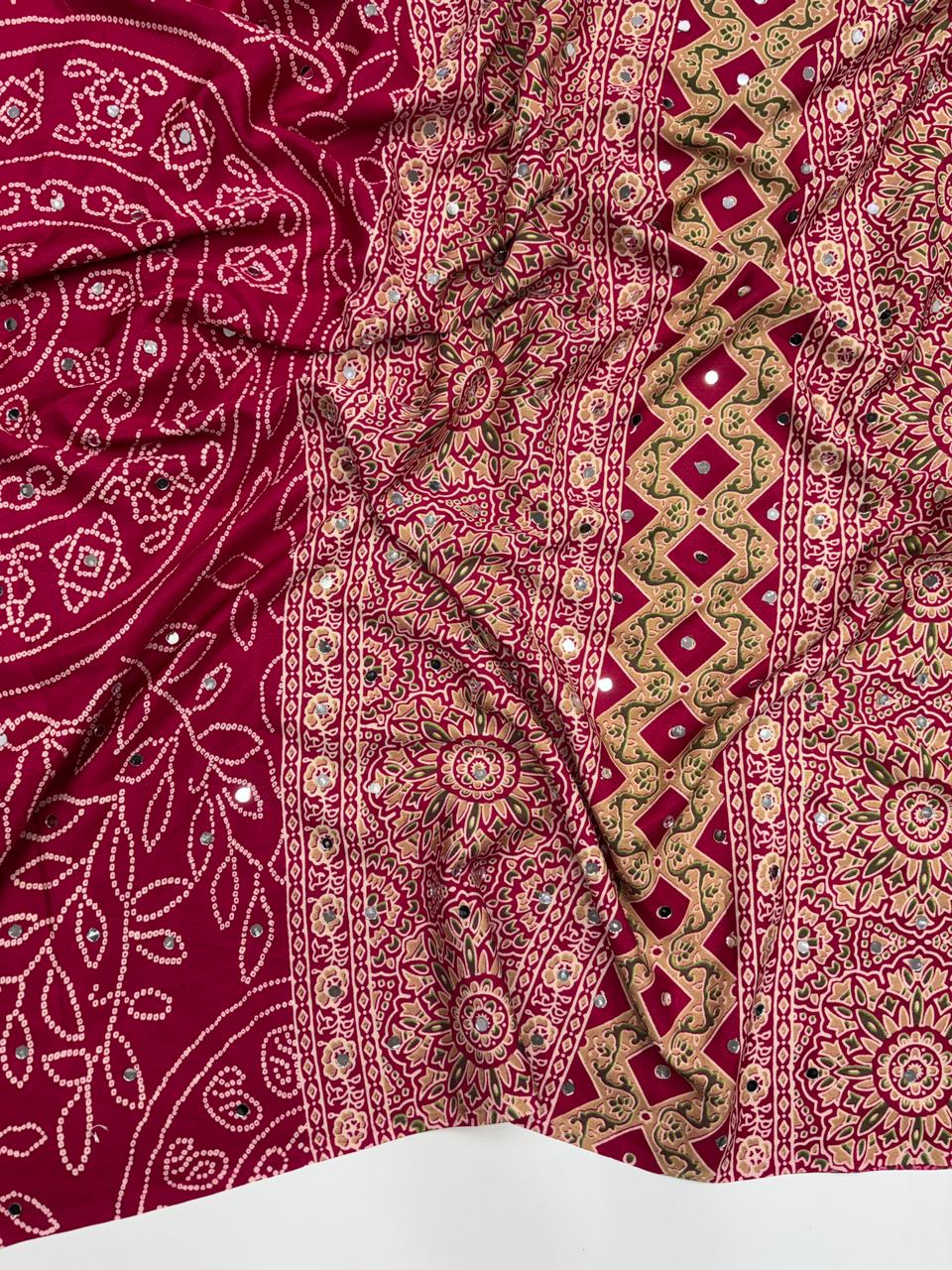 Gratifying Function Wear Pure Satin Silk Ajrak Printed Rich Pallu n Mirror Work Designer Saree With Blouse Piece