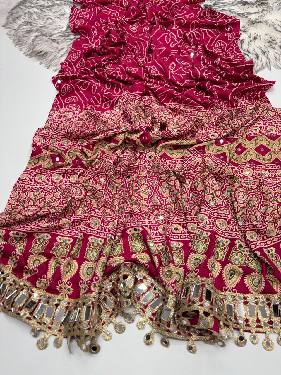 Gratifying Function Wear Pure Satin Silk Ajrak Printed Rich Pallu n Mirror Work Designer Saree With Blouse Piece