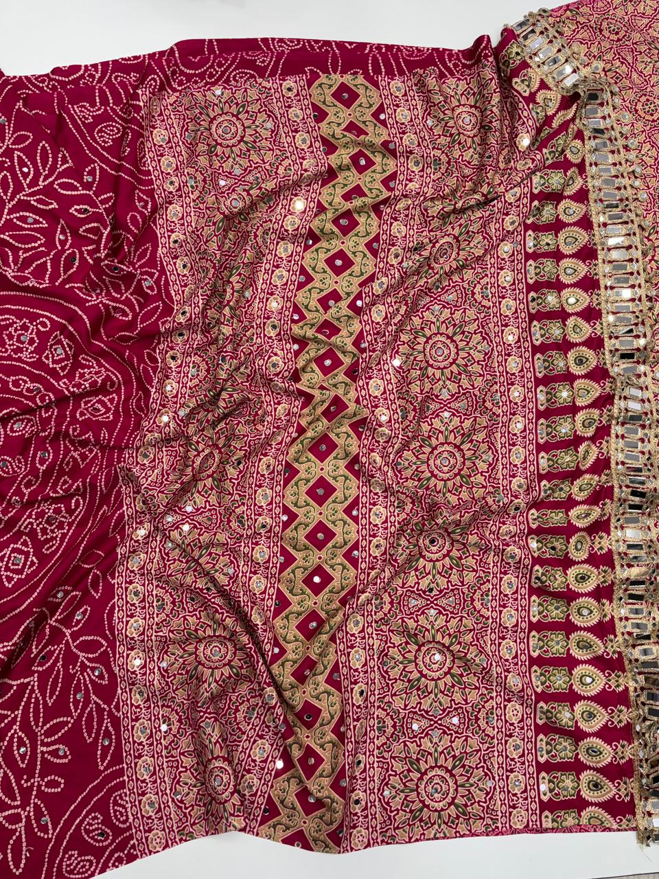 Gratifying Function Wear Pure Satin Silk Ajrak Printed Rich Pallu n Mirror Work Designer Saree With Blouse Piece