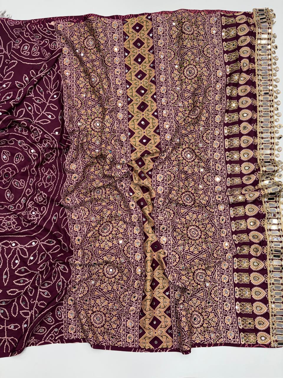 Gratifying Function Wear Pure Satin Silk Ajrak Printed Rich Pallu n Mirror Work Designer Saree With Blouse Piece