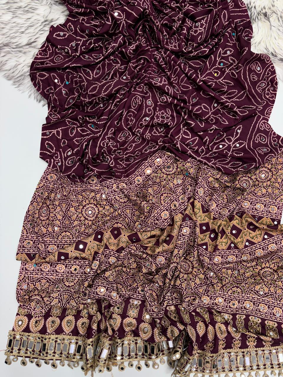 Gratifying Function Wear Pure Satin Silk Ajrak Printed Rich Pallu n Mirror Work Designer Saree With Blouse Piece