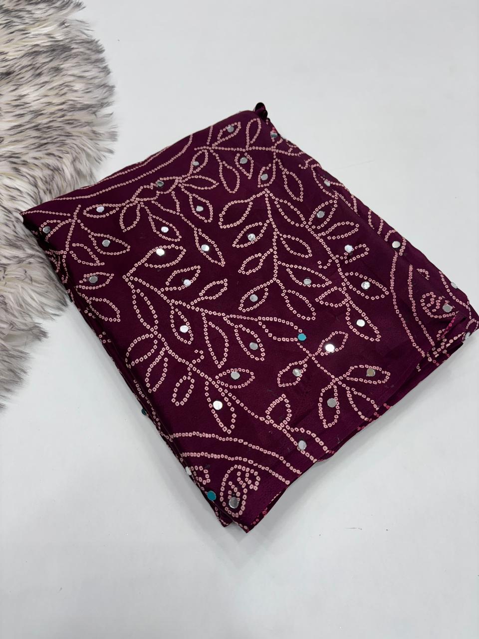 Gratifying Function Wear Pure Satin Silk Ajrak Printed Rich Pallu n Mirror Work Designer Saree With Blouse Piece