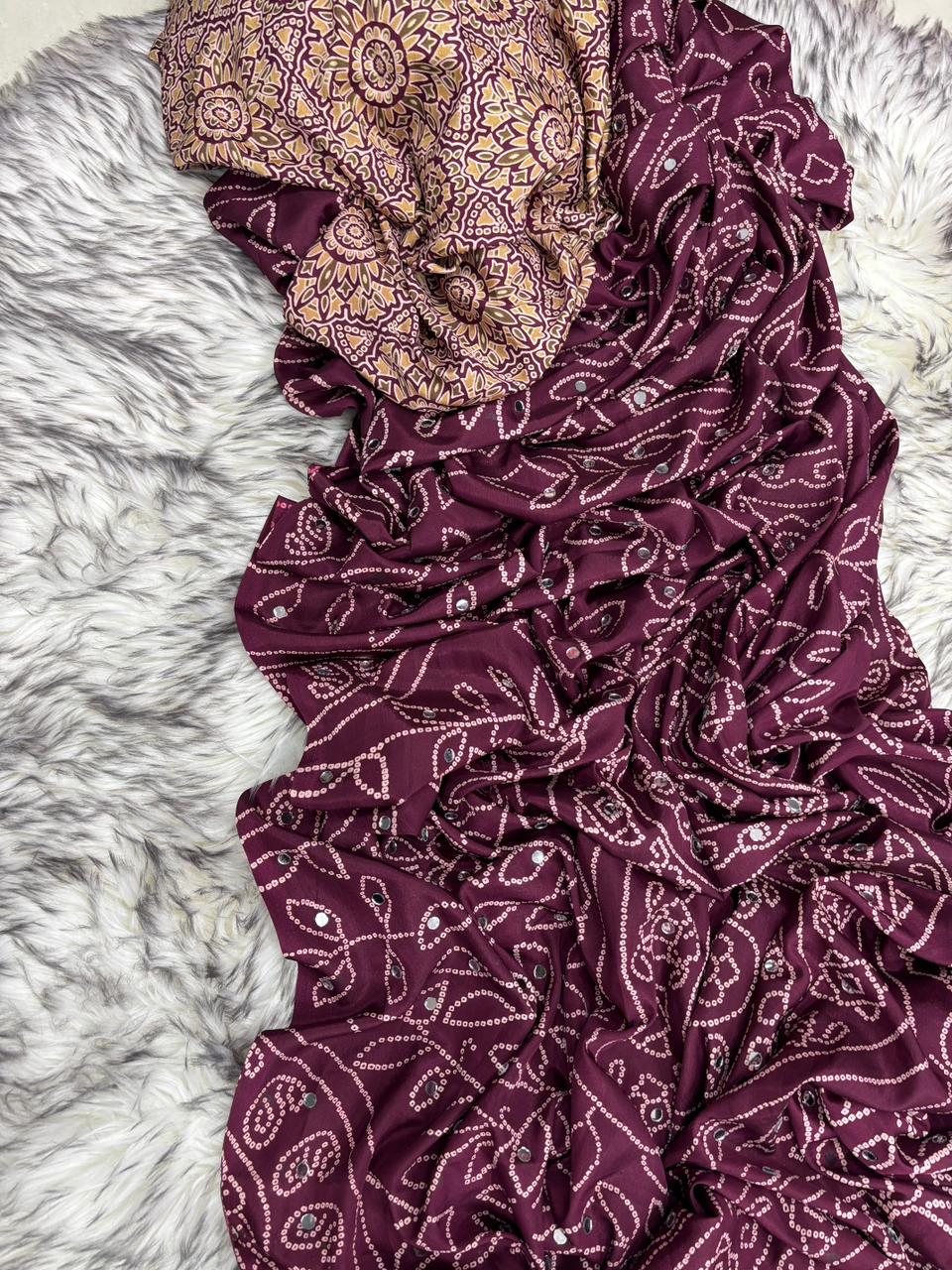 Gratifying Function Wear Pure Satin Silk Ajrak Printed Rich Pallu n Mirror Work Designer Saree With Blouse Piece
