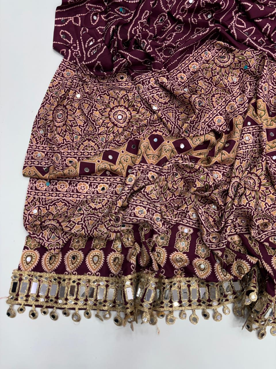 Gratifying Function Wear Pure Satin Silk Ajrak Printed Rich Pallu n Mirror Work Designer Saree With Blouse Piece