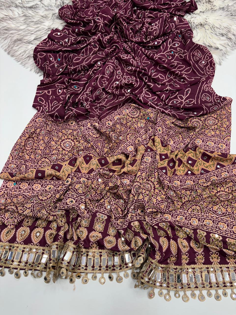 Gratifying Function Wear Pure Satin Silk Ajrak Printed Rich Pallu n Mirror Work Designer Saree With Blouse Piece