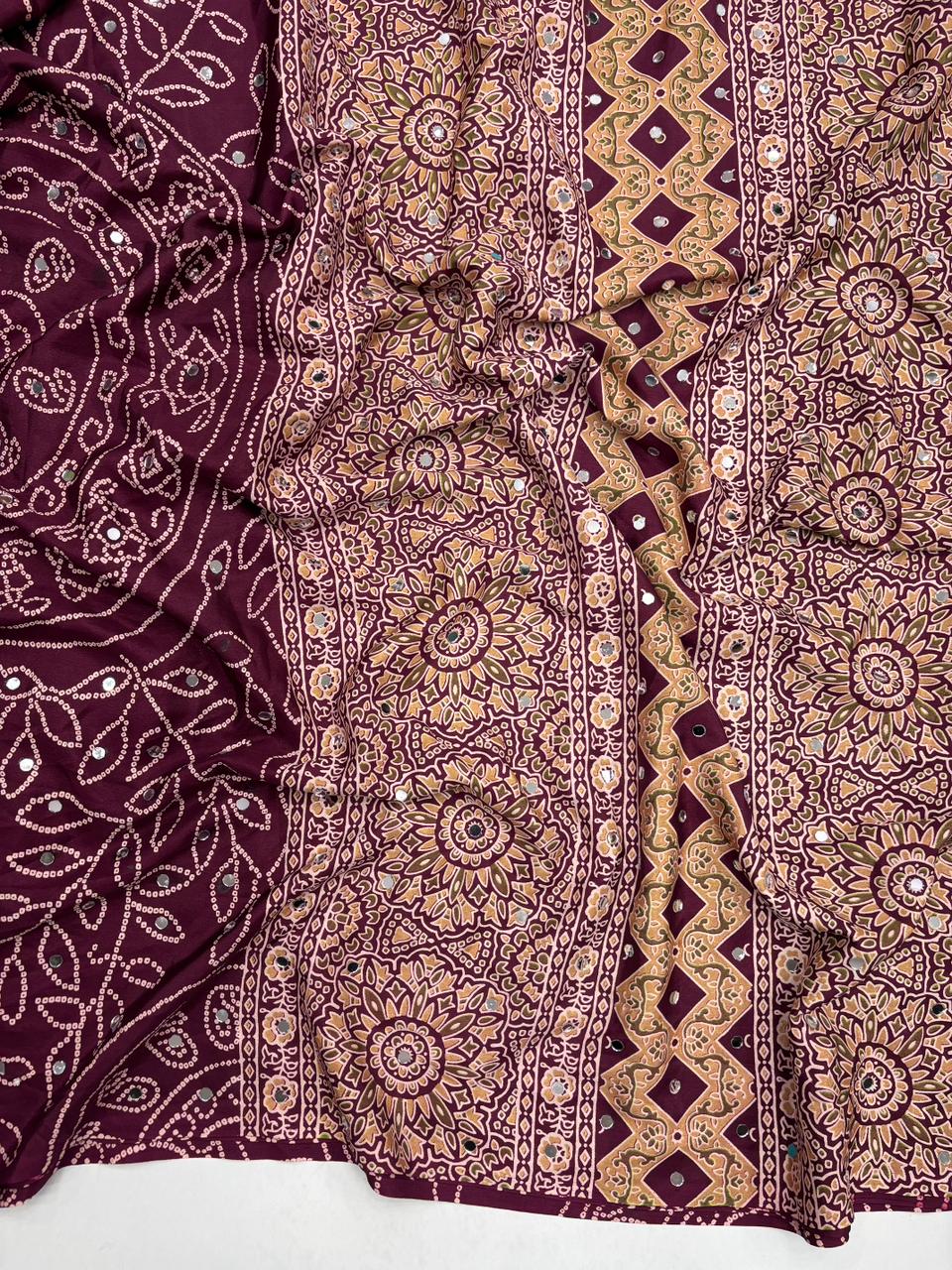 Gratifying Function Wear Pure Satin Silk Ajrak Printed Rich Pallu n Mirror Work Designer Saree With Blouse Piece