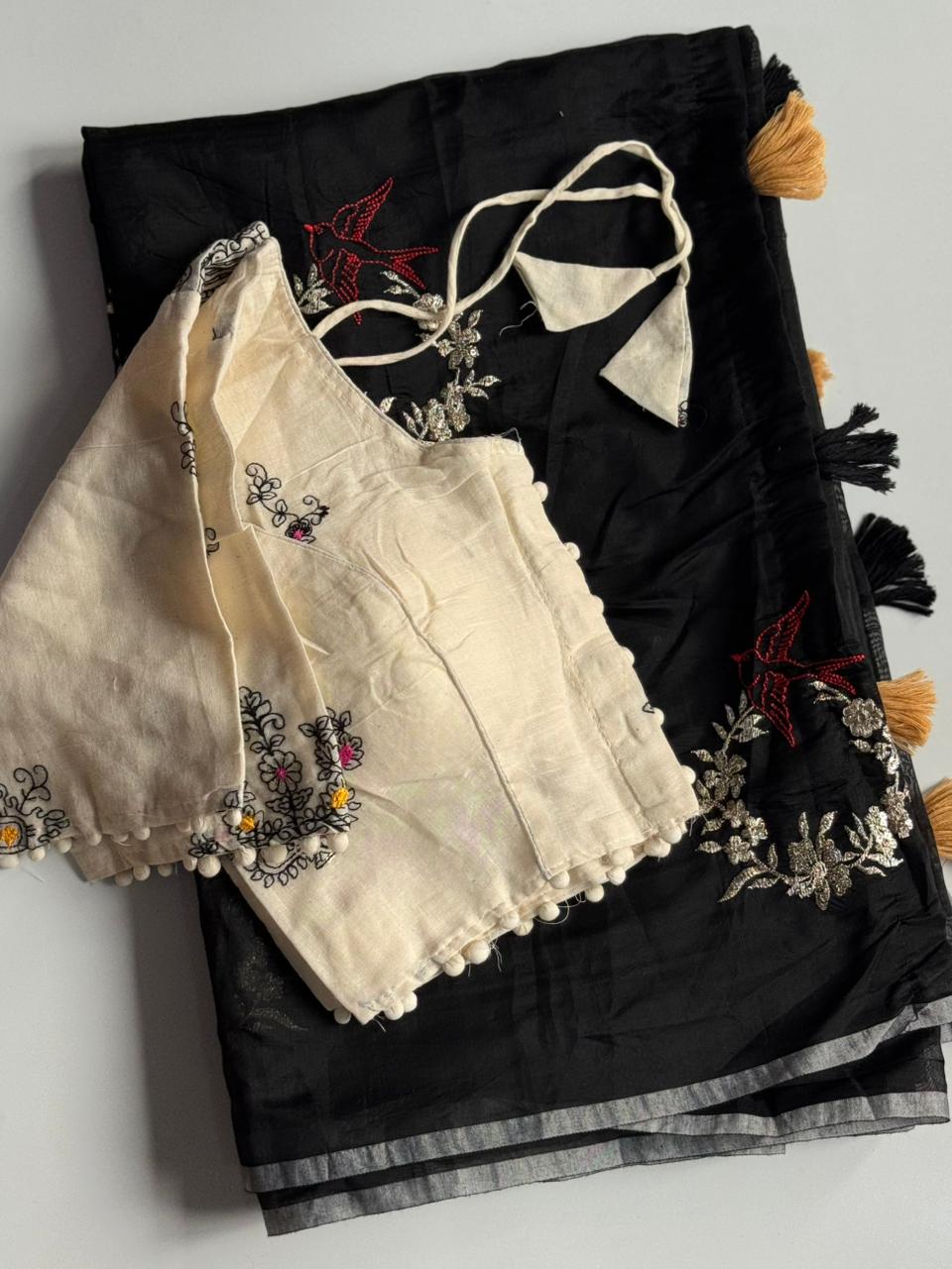 Blossom Chanderi Cotton Embroidery n Tussels Work Fancy Designer Festive Wear Saree With Stitched Blouse