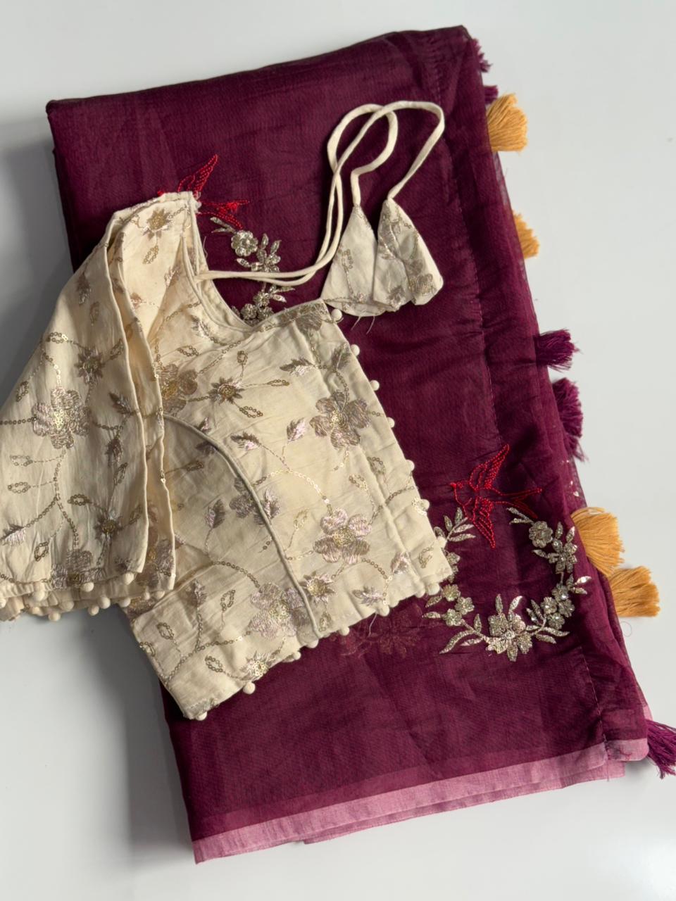 Blossom Chanderi Cotton Embroidery n Tussels Work Fancy Designer Festive Wear Saree With Stitched Blouse