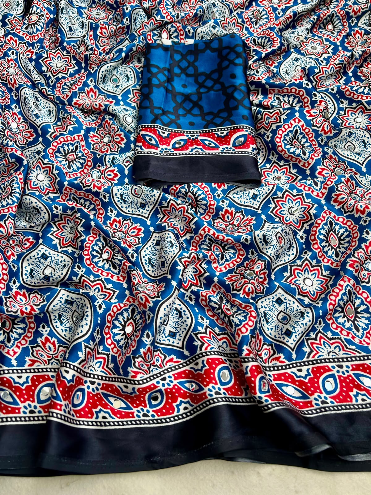 Glamorous Function Wear Pure Satin Silk Ajrak Printed Rich Pallu n Mirror Work Fancy Saree With Blouse Piece