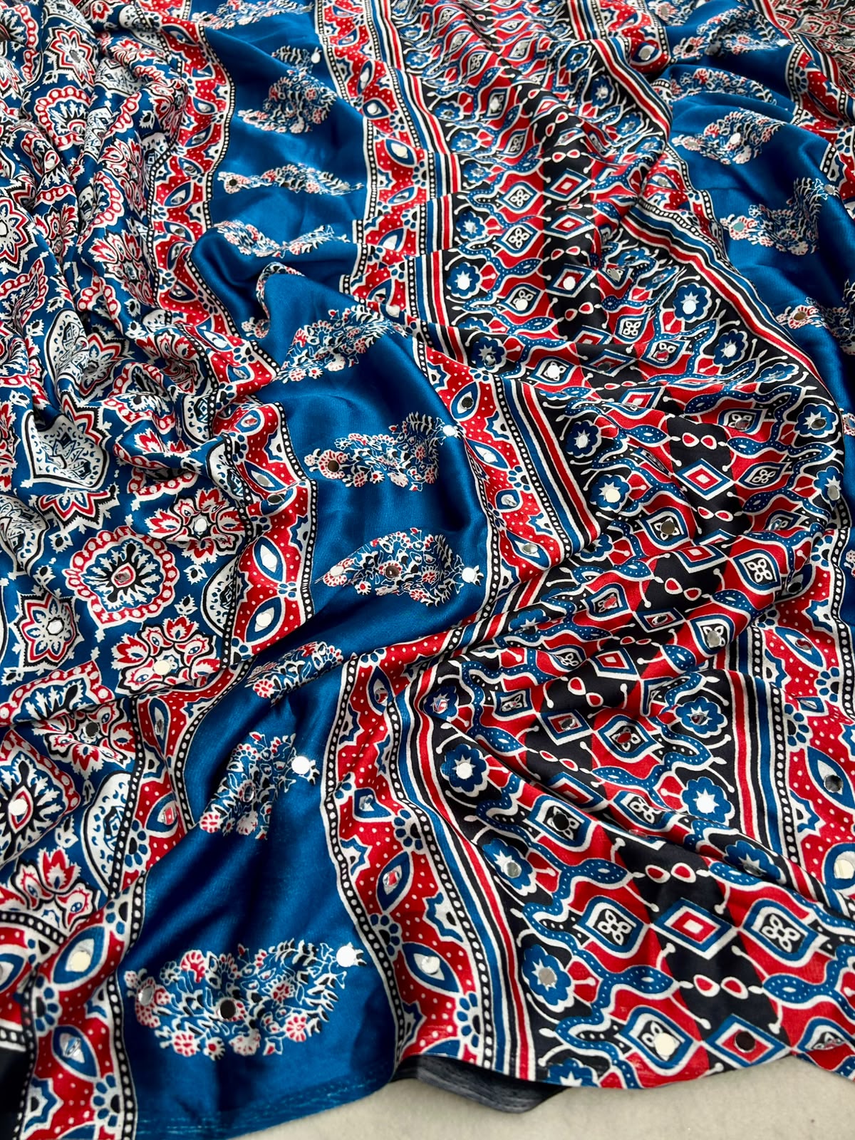 Glamorous Function Wear Pure Satin Silk Ajrak Printed Rich Pallu n Mirror Work Fancy Saree With Blouse Piece
