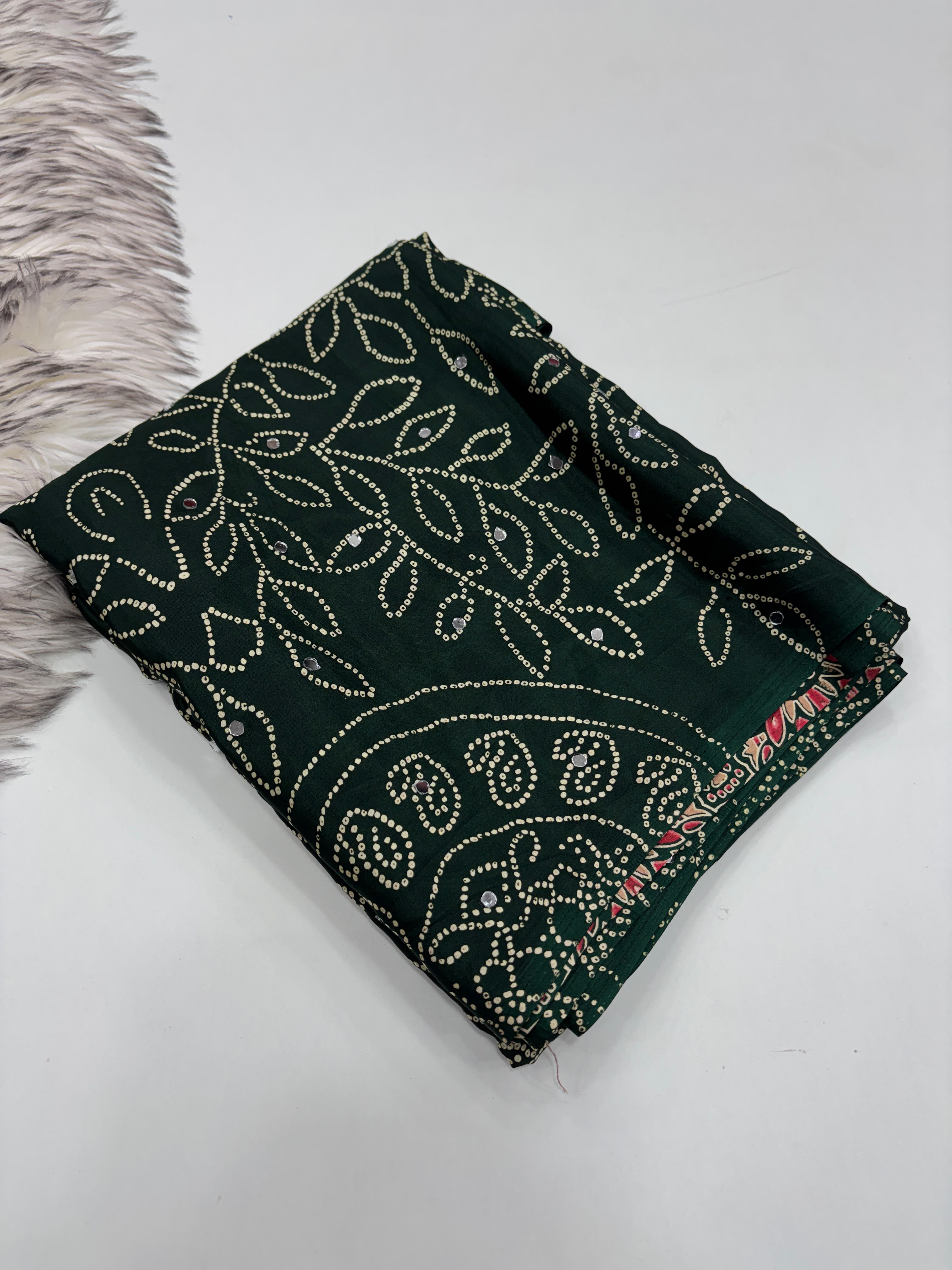 Gratifying Function Wear Pure Satin Silk Ajrak Printed Rich Pallu n Mirror Work Designer Saree With Blouse Piece