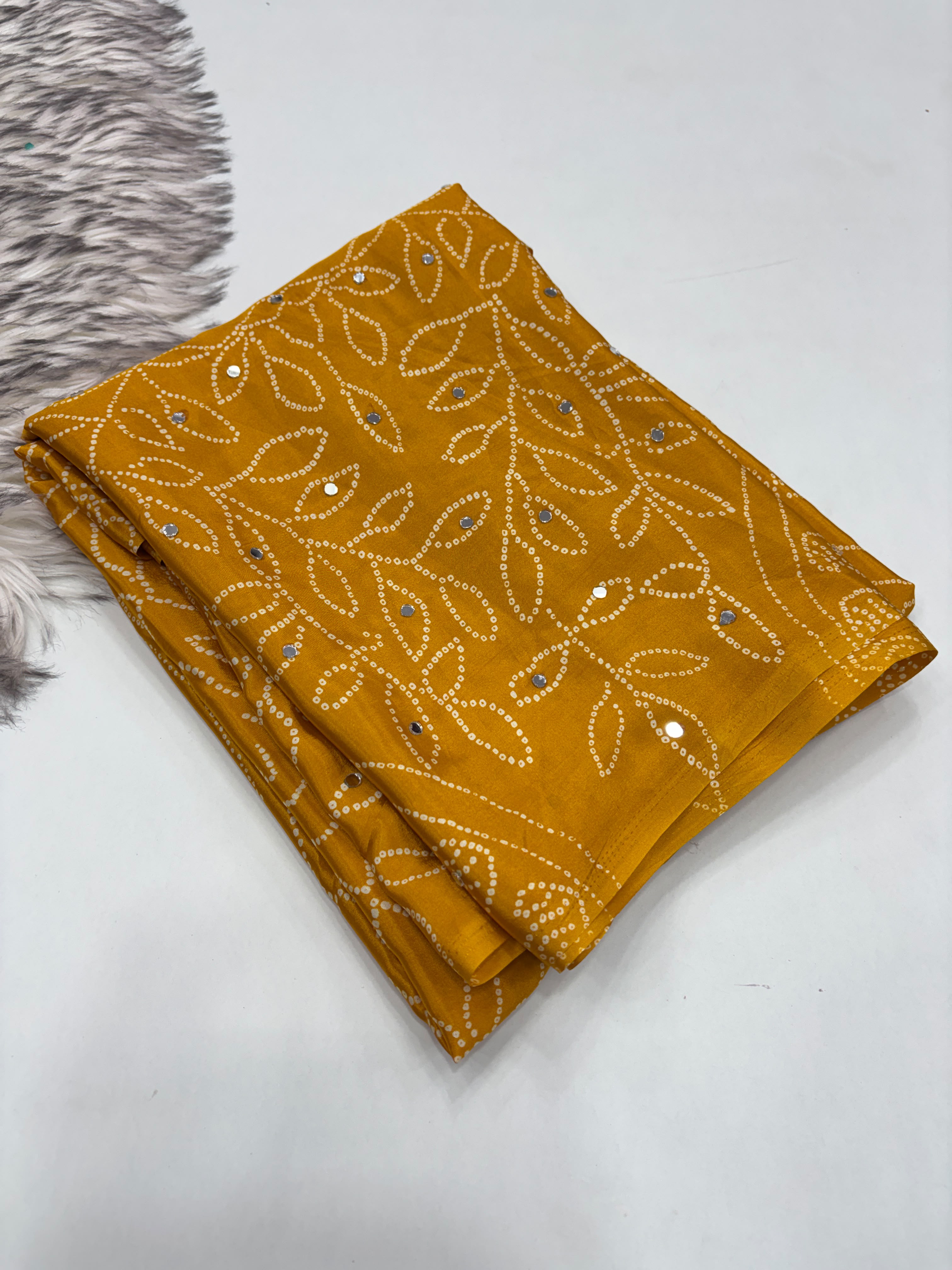 Gratifying Function Wear Pure Satin Silk Ajrak Printed Rich Pallu n Mirror Work Designer Saree With Blouse Piece