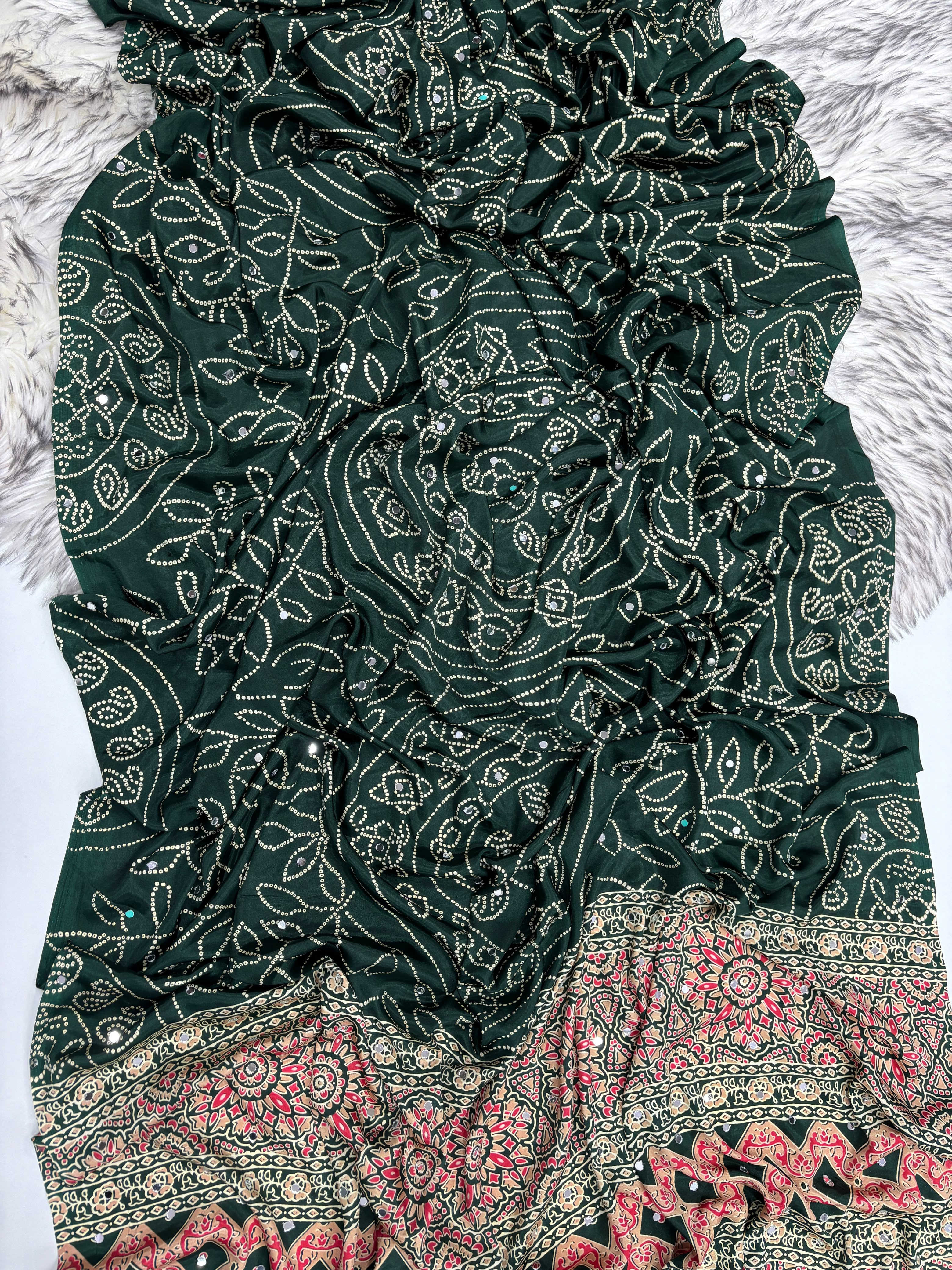 Gratifying Function Wear Pure Satin Silk Ajrak Printed Rich Pallu n Mirror Work Designer Saree With Blouse Piece
