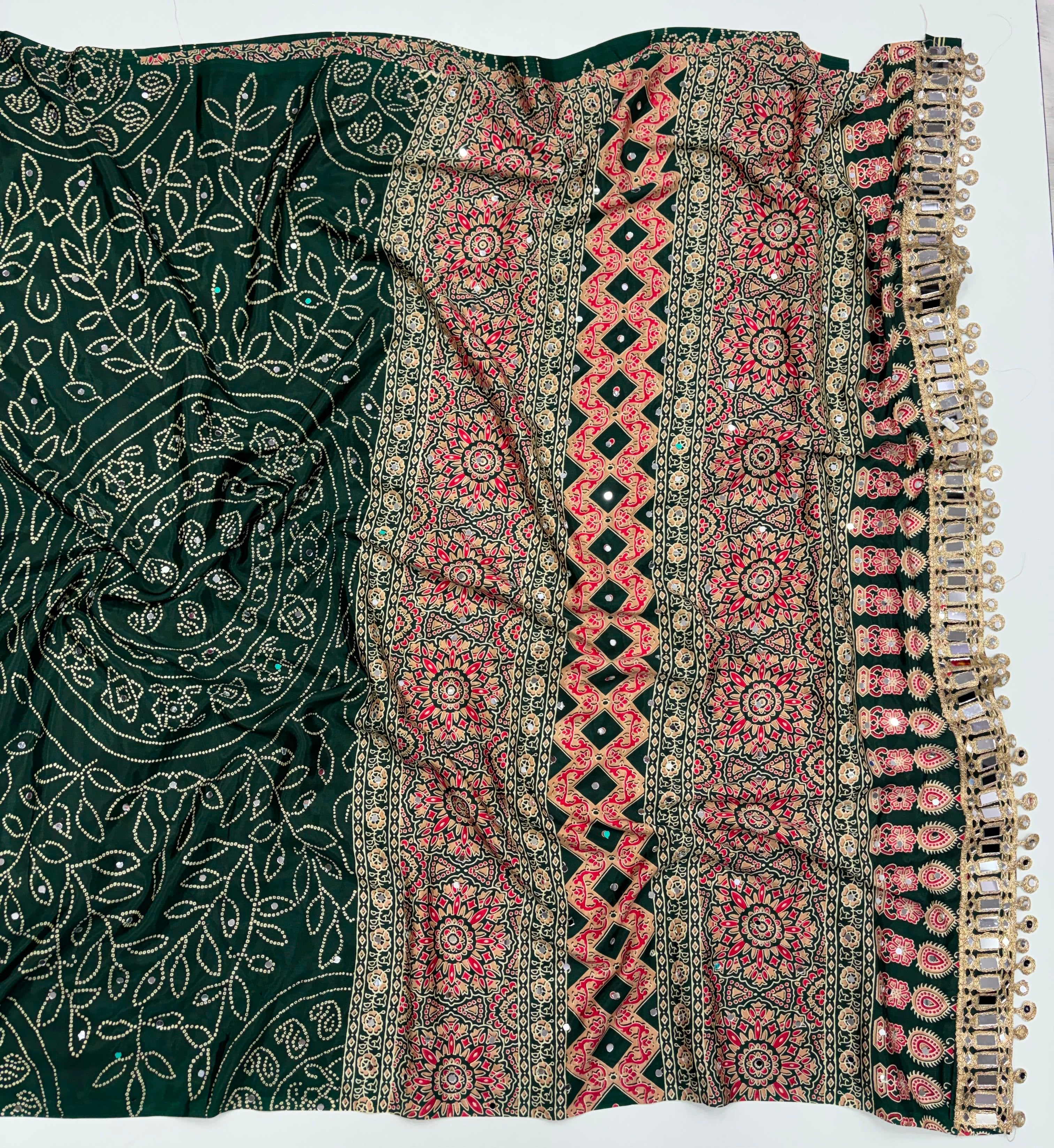 Gratifying Function Wear Pure Satin Silk Ajrak Printed Rich Pallu n Mirror Work Designer Saree With Blouse Piece