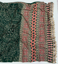 Load image into Gallery viewer, Gratifying Function Wear Pure Satin Silk Ajrak Printed Rich Pallu n Mirror Work Designer Saree With Blouse Piece
