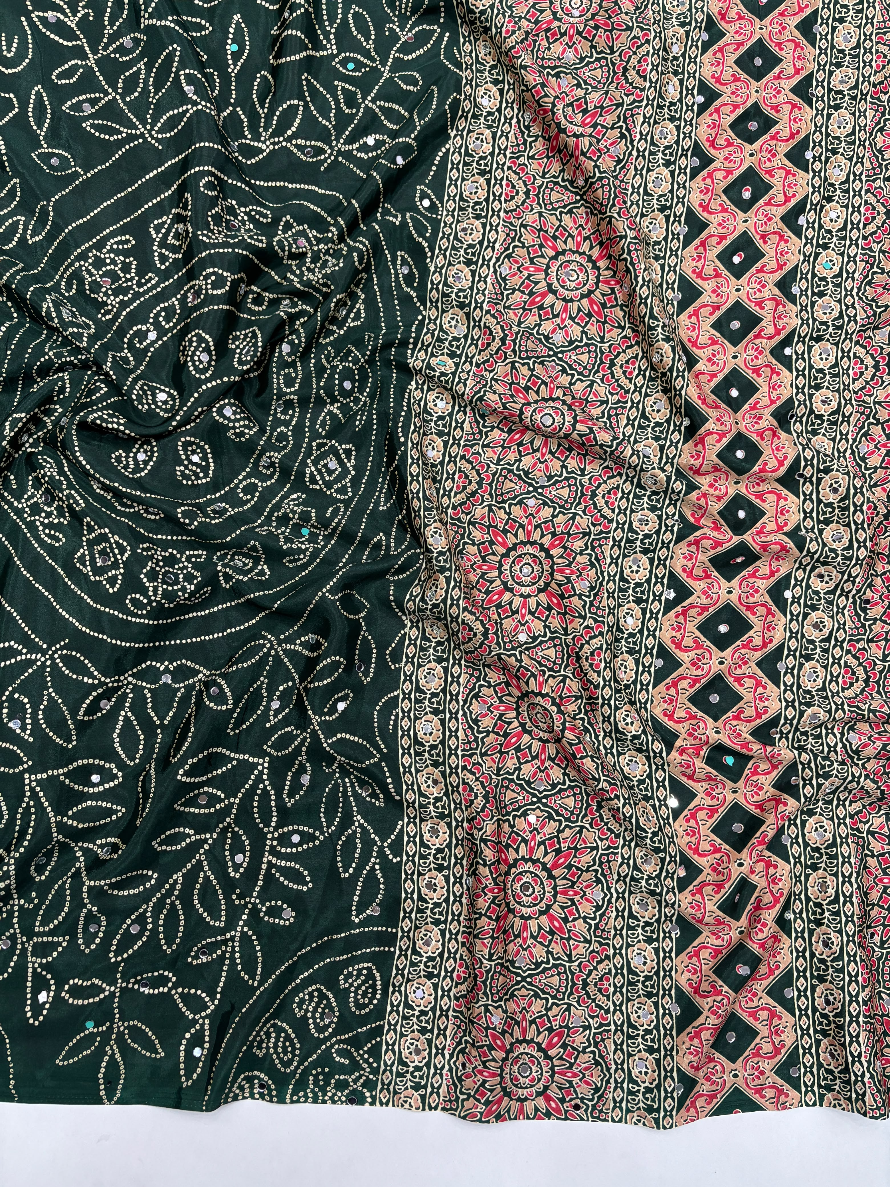 Gratifying Function Wear Pure Satin Silk Ajrak Printed Rich Pallu n Mirror Work Designer Saree With Blouse Piece
