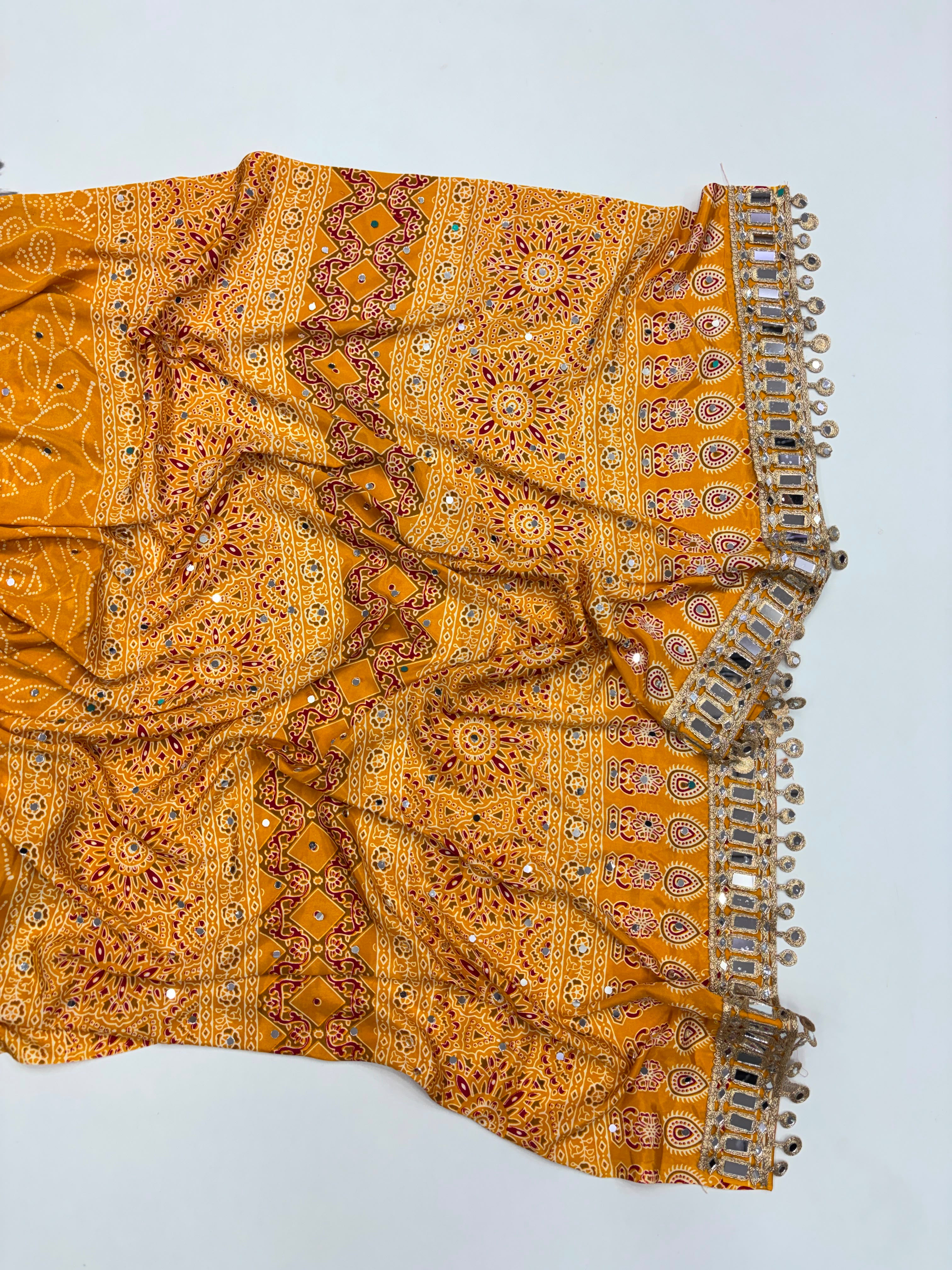 Gratifying Function Wear Pure Satin Silk Ajrak Printed Rich Pallu n Mirror Work Designer Saree With Blouse Piece
