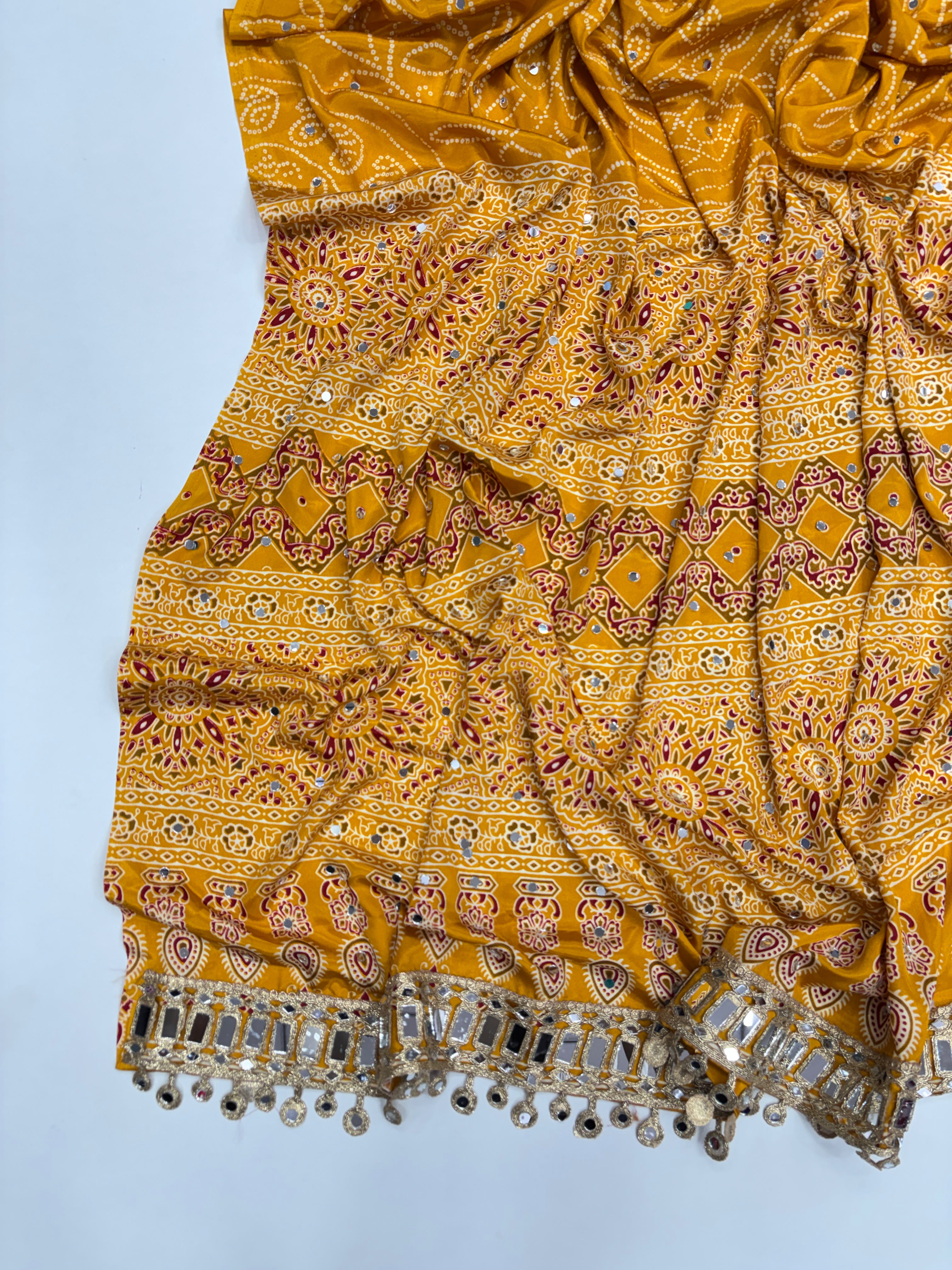 Gratifying Function Wear Pure Satin Silk Ajrak Printed Rich Pallu n Mirror Work Designer Saree With Blouse Piece