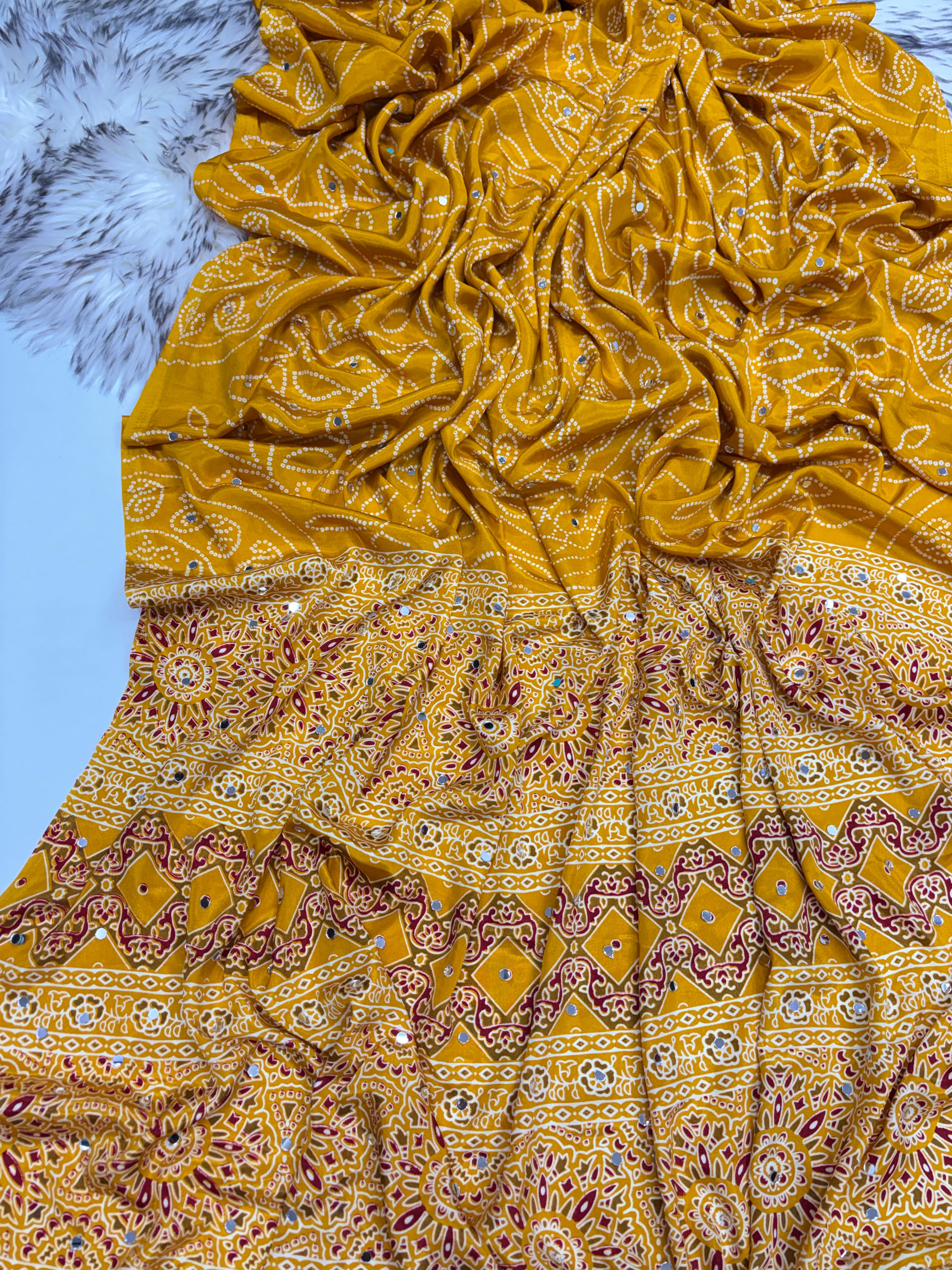 Gratifying Function Wear Pure Satin Silk Ajrak Printed Rich Pallu n Mirror Work Designer Saree With Blouse Piece