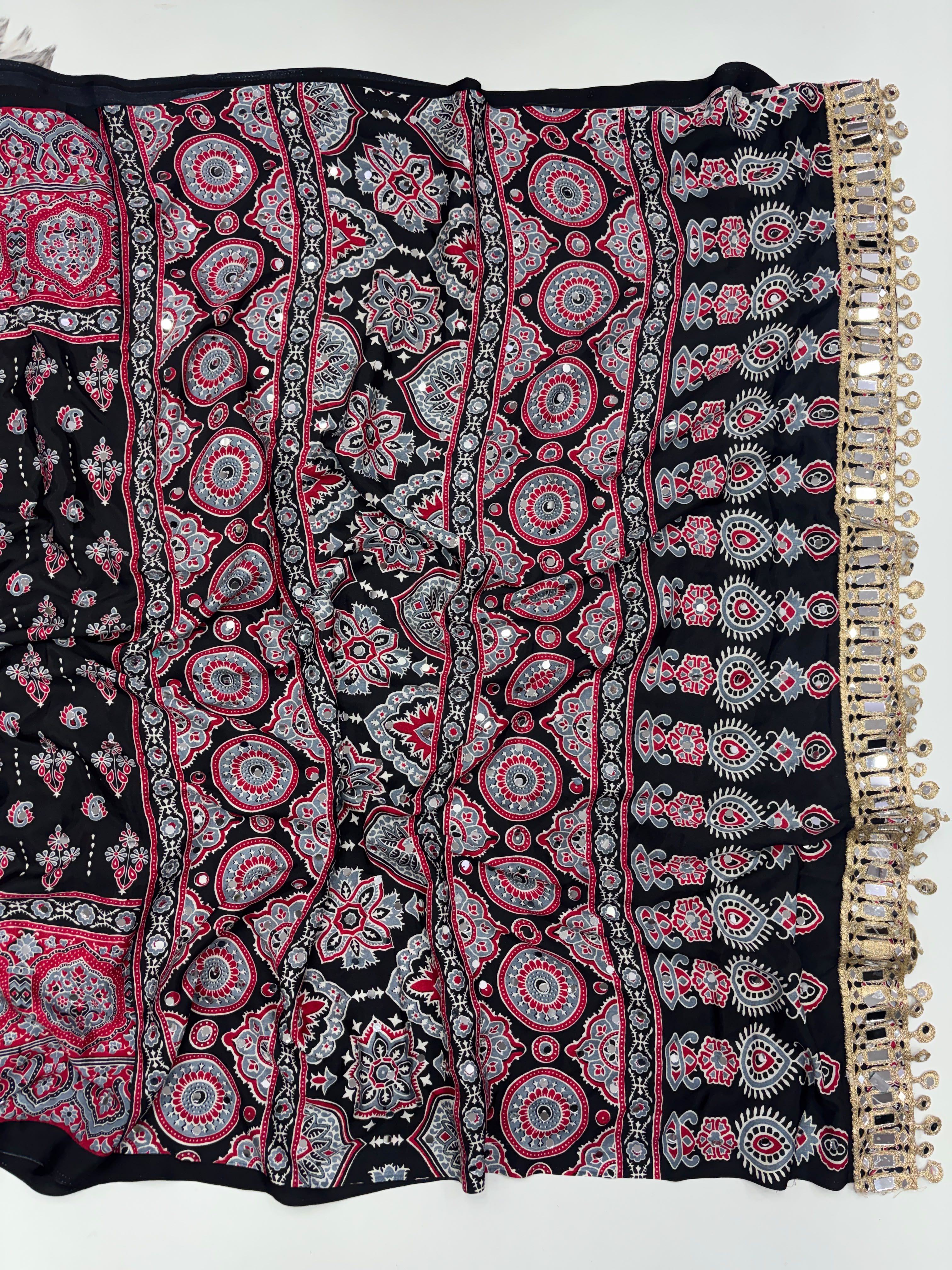 Alverina Party Wear Pure Satin Silk Ajrak Printed Rich Pallu n Mirror Work Fancy  Saree With Blouse Piece
