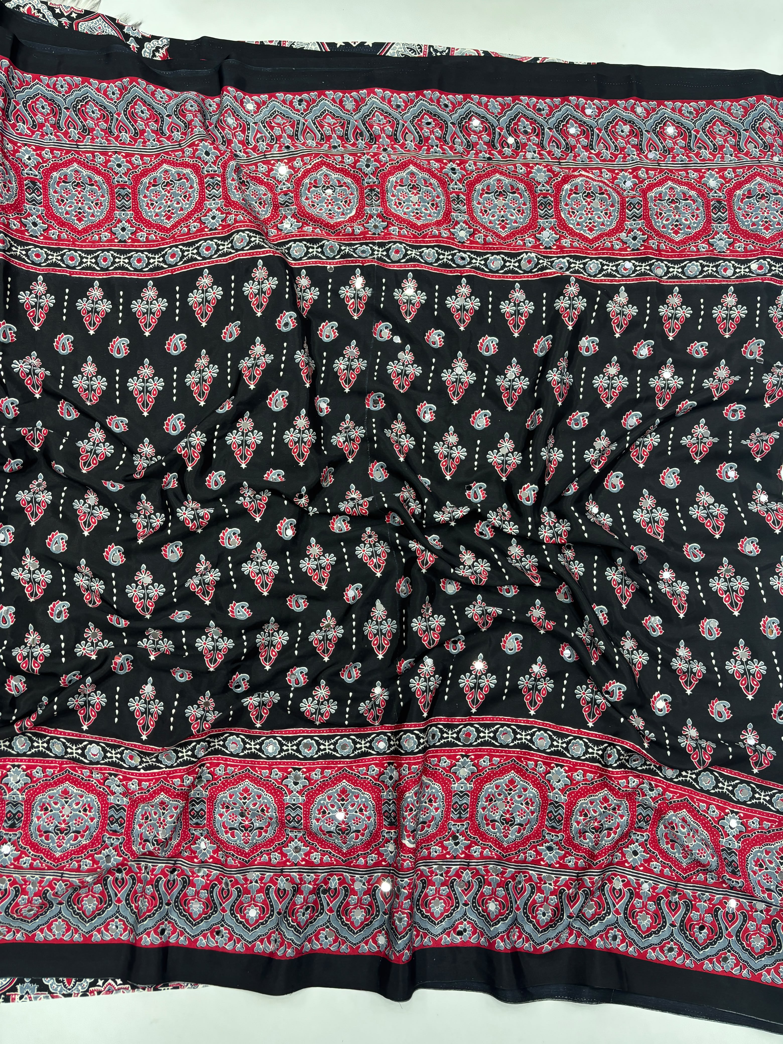 Alverina Party Wear Pure Satin Silk Ajrak Printed Rich Pallu n Mirror Work Fancy  Saree With Blouse Piece