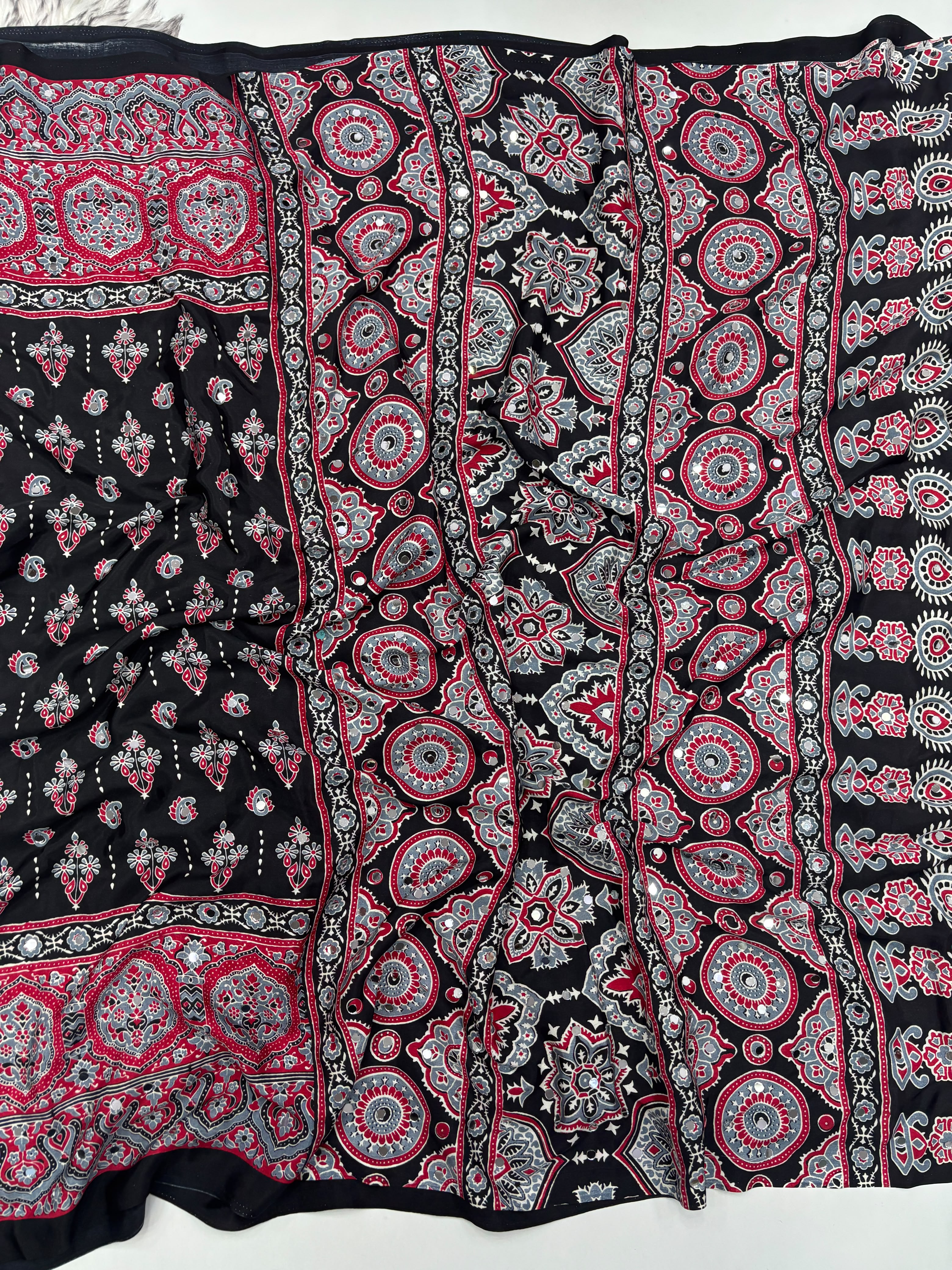 Alverina Party Wear Pure Satin Silk Ajrak Printed Rich Pallu n Mirror Work Fancy  Saree With Blouse Piece