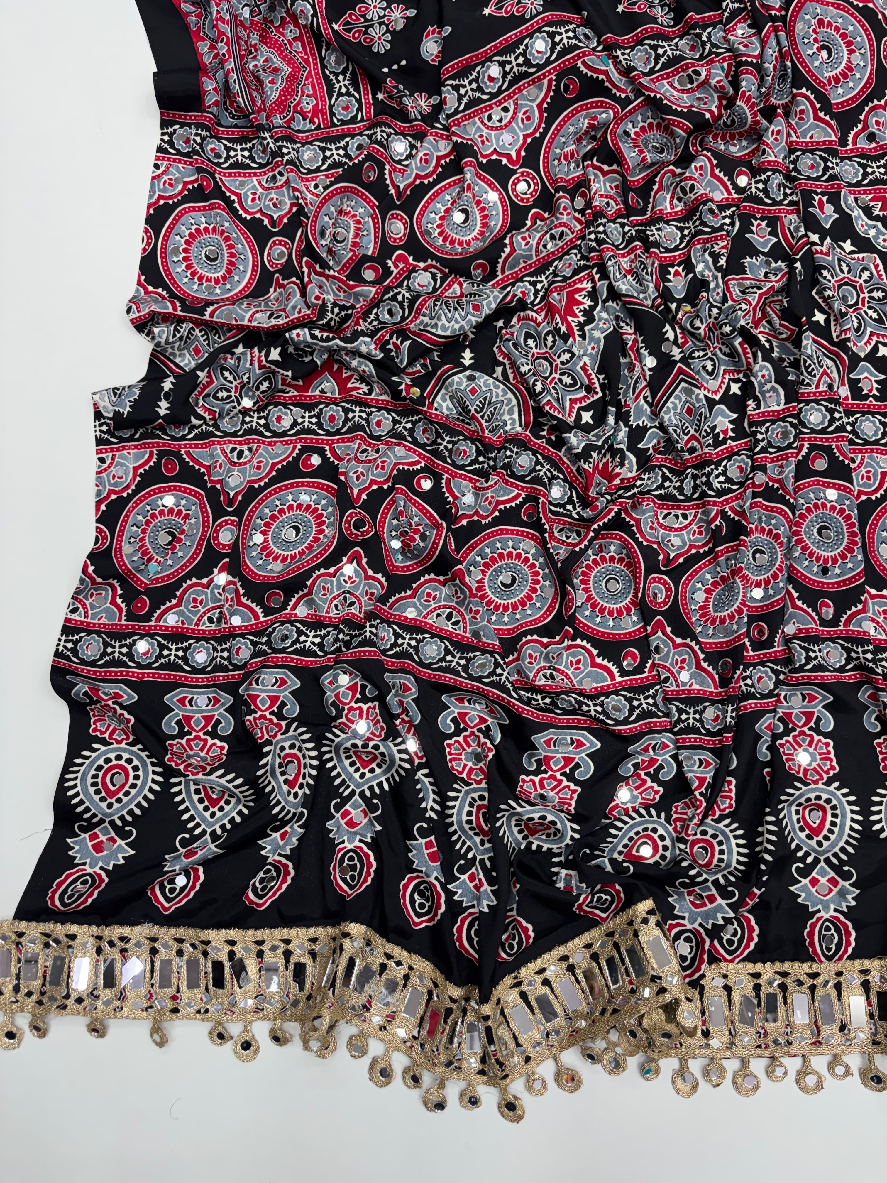 Alverina Party Wear Pure Satin Silk Ajrak Printed Rich Pallu n Mirror Work Fancy  Saree With Blouse Piece