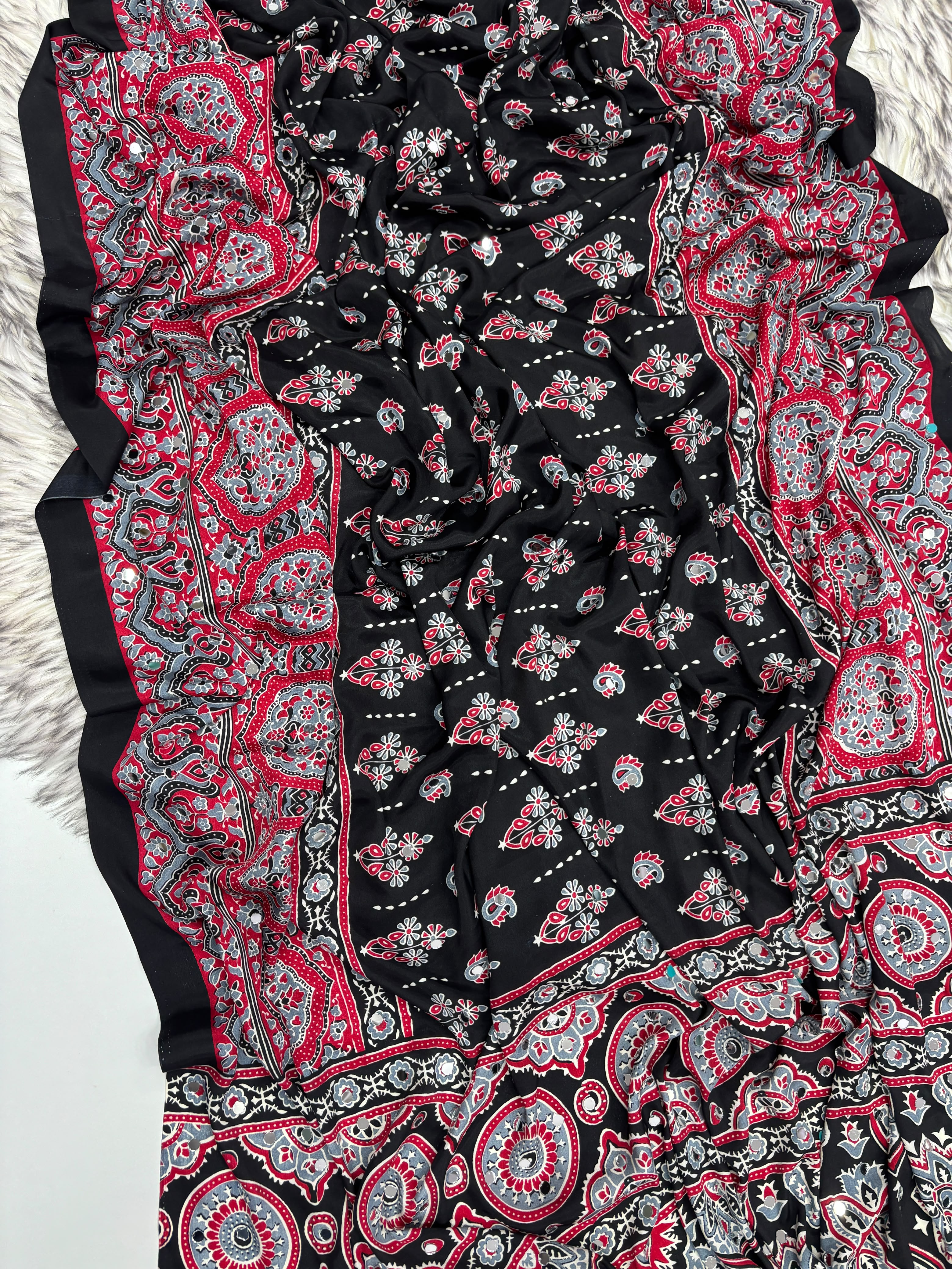 Alverina Party Wear Pure Satin Silk Ajrak Printed Rich Pallu n Mirror Work Fancy  Saree With Blouse Piece