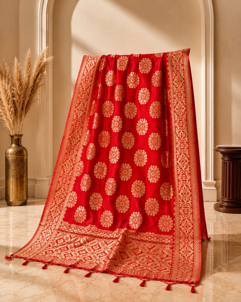 Royal Party Wear Red Banarasi Silk Fancy Designer Dupatta