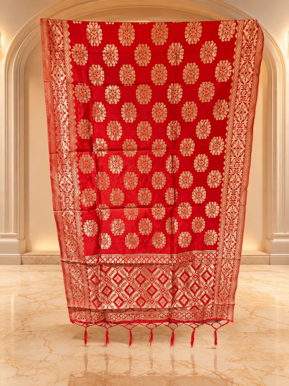 Royal Party Wear Red Banarasi Silk Fancy Designer Dupatta