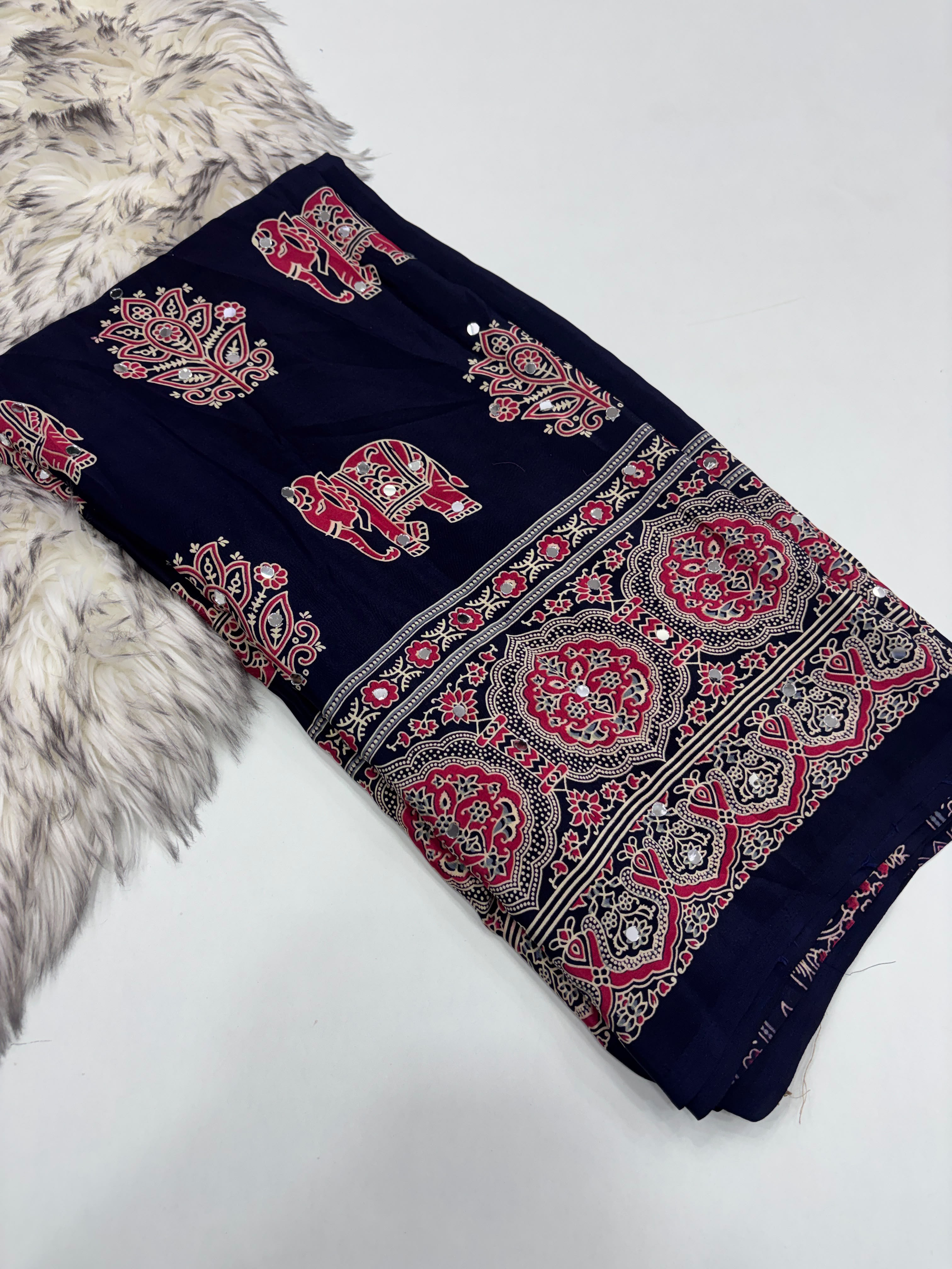 Alverina Party Wear Pure Satin Silk Ajrak Printed Rich Pallu n Mirror Work Fancy Saree With Blouse Piece