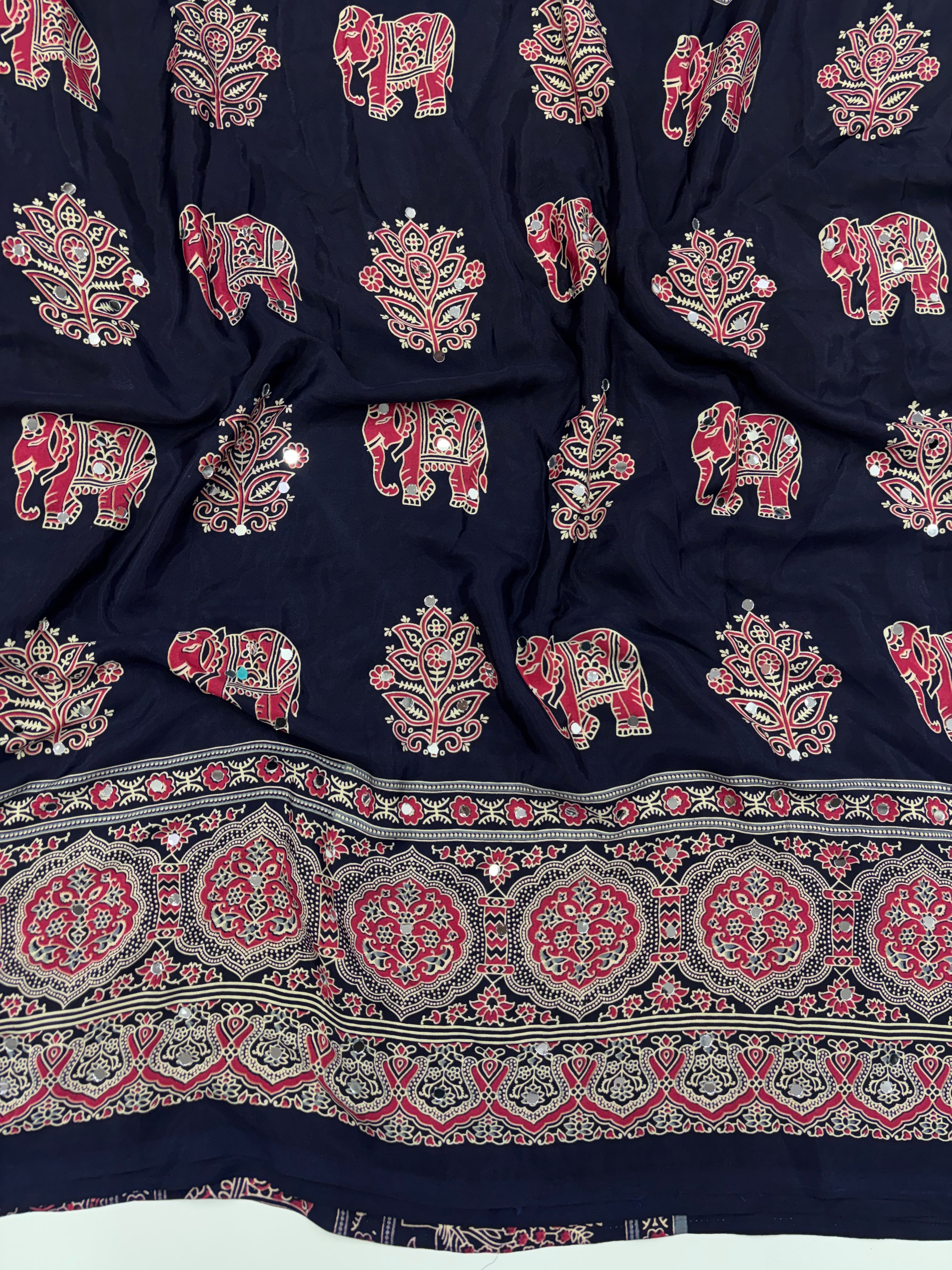 Alverina Party Wear Pure Satin Silk Ajrak Printed Rich Pallu n Mirror Work Fancy Saree With Blouse Piece