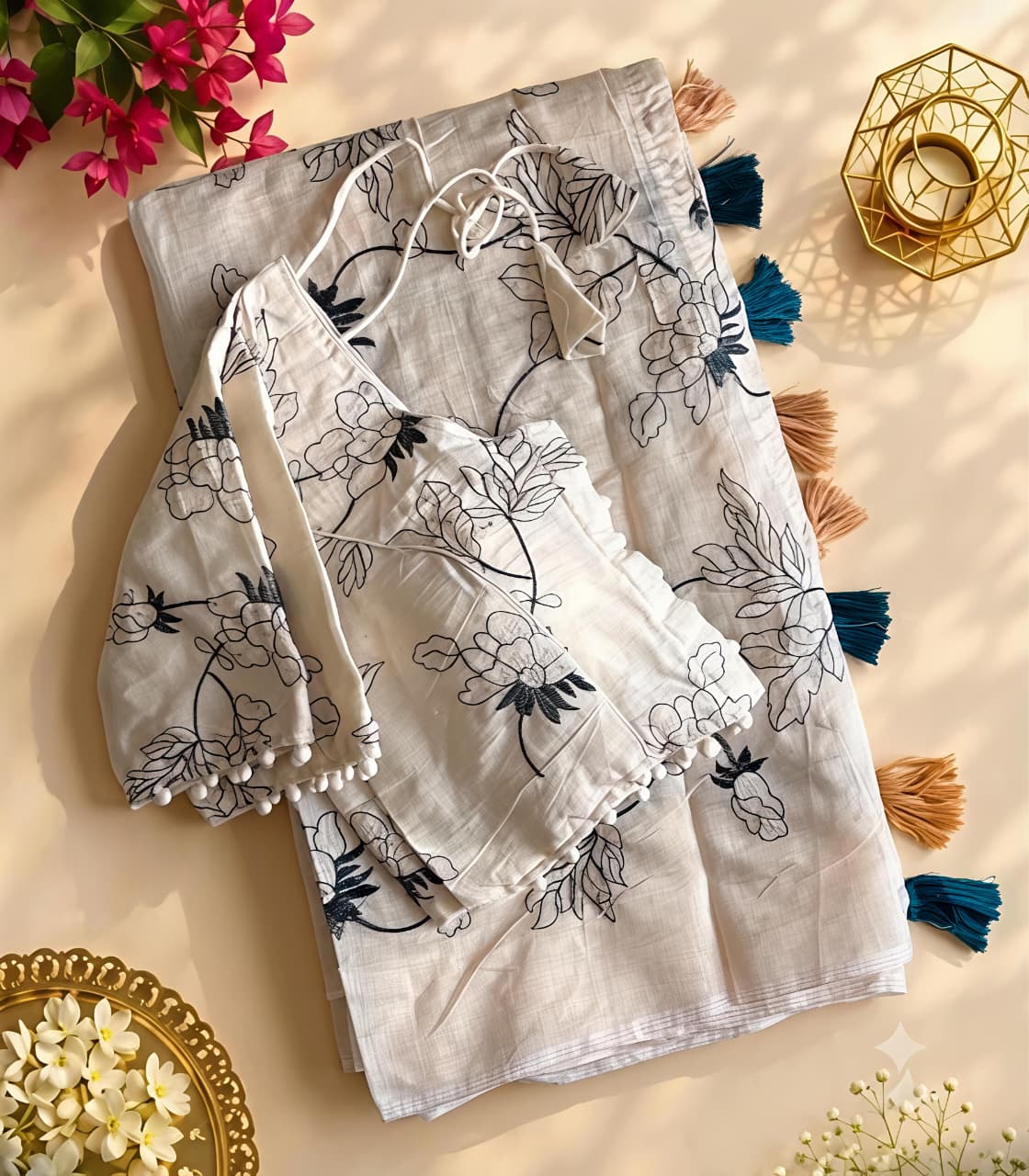 New Chanderi Cotton Heavy Embroidery n Tussels Work Fancy Designer Wedding Wear Saree With Stitched Blouse