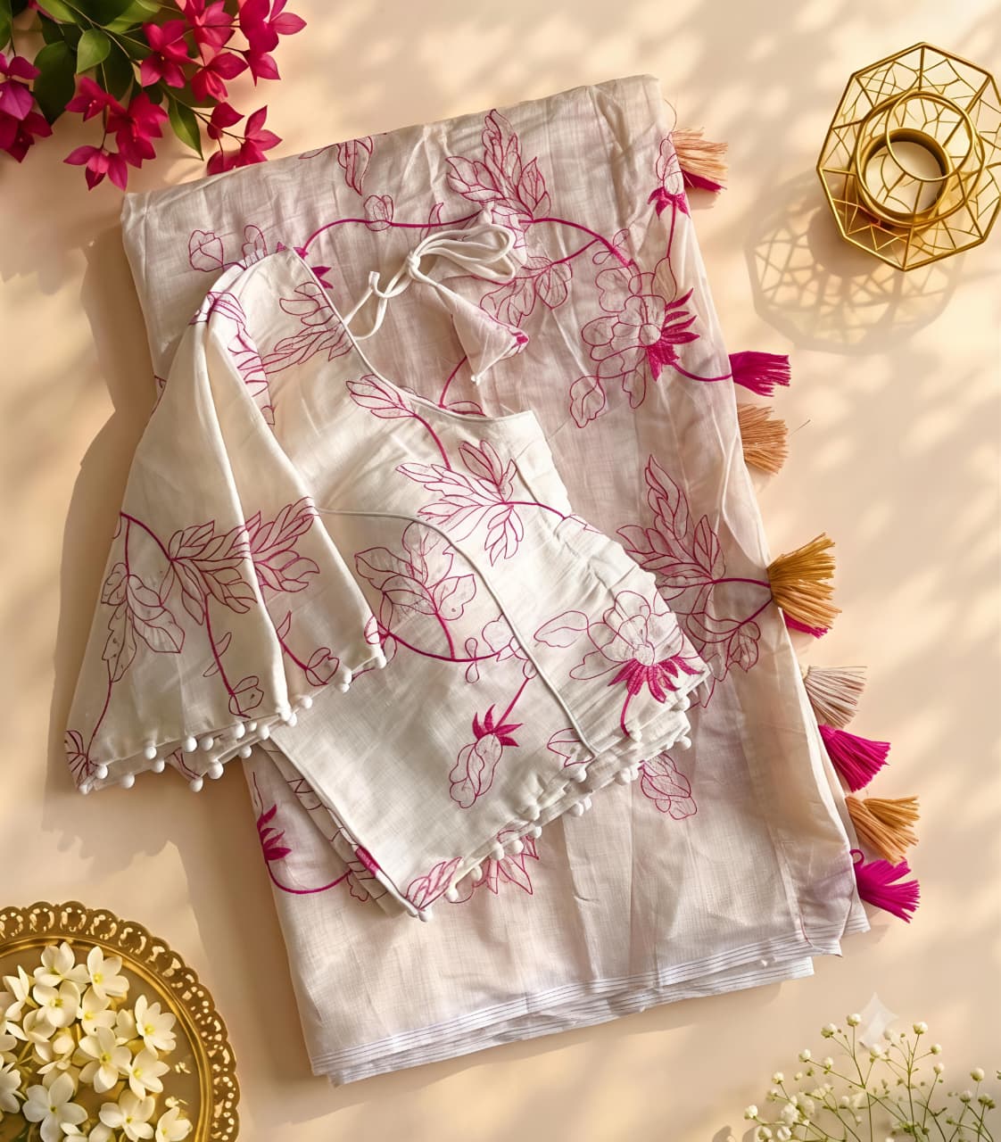 New Chanderi Cotton Heavy Embroidery n Tussels Work Fancy Designer Wedding Wear Saree With Stitched Blouse