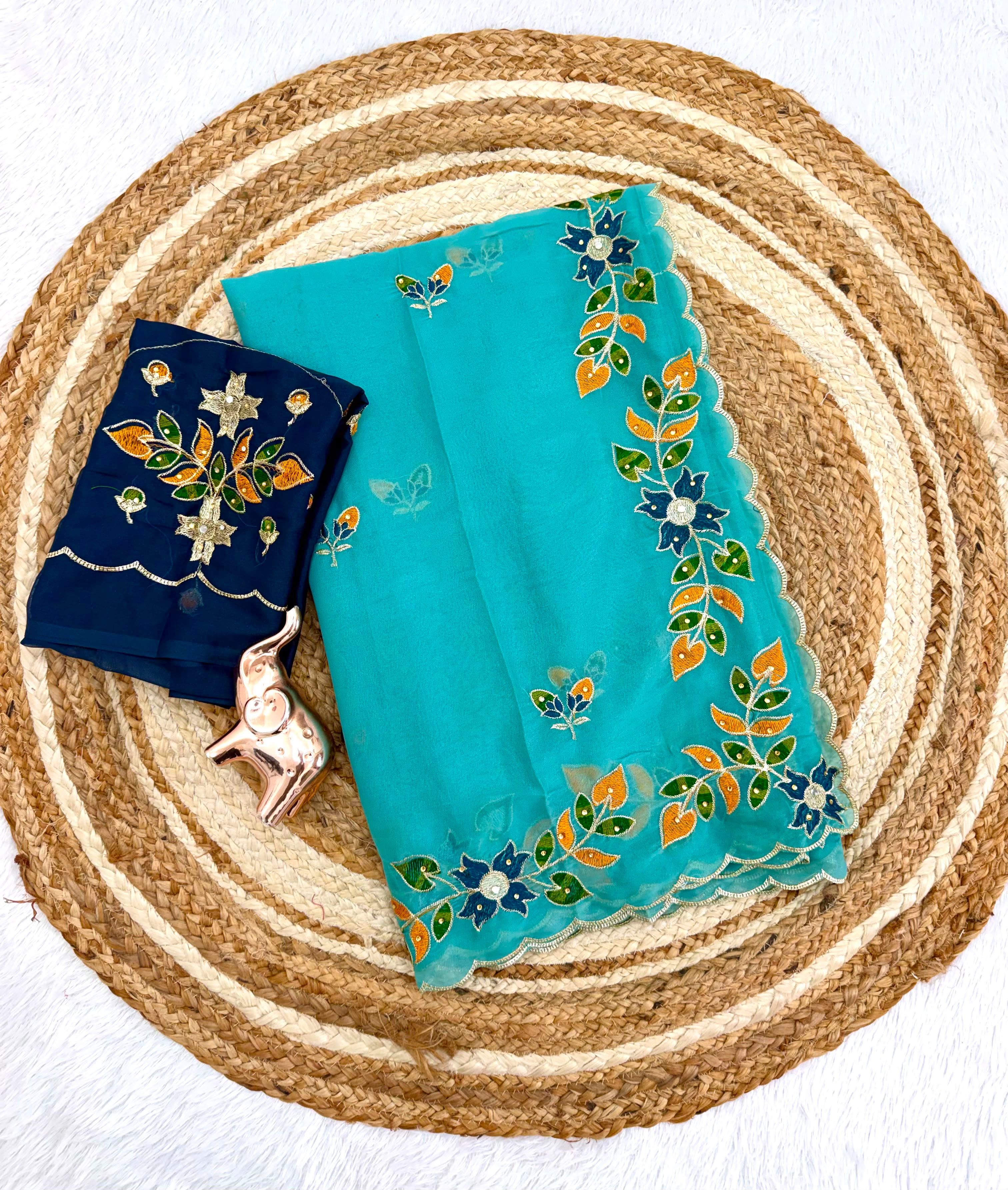 Adorning Festive Wear Georgette Embroidery n Diamond Work Saree With Contrast Blouse Piece