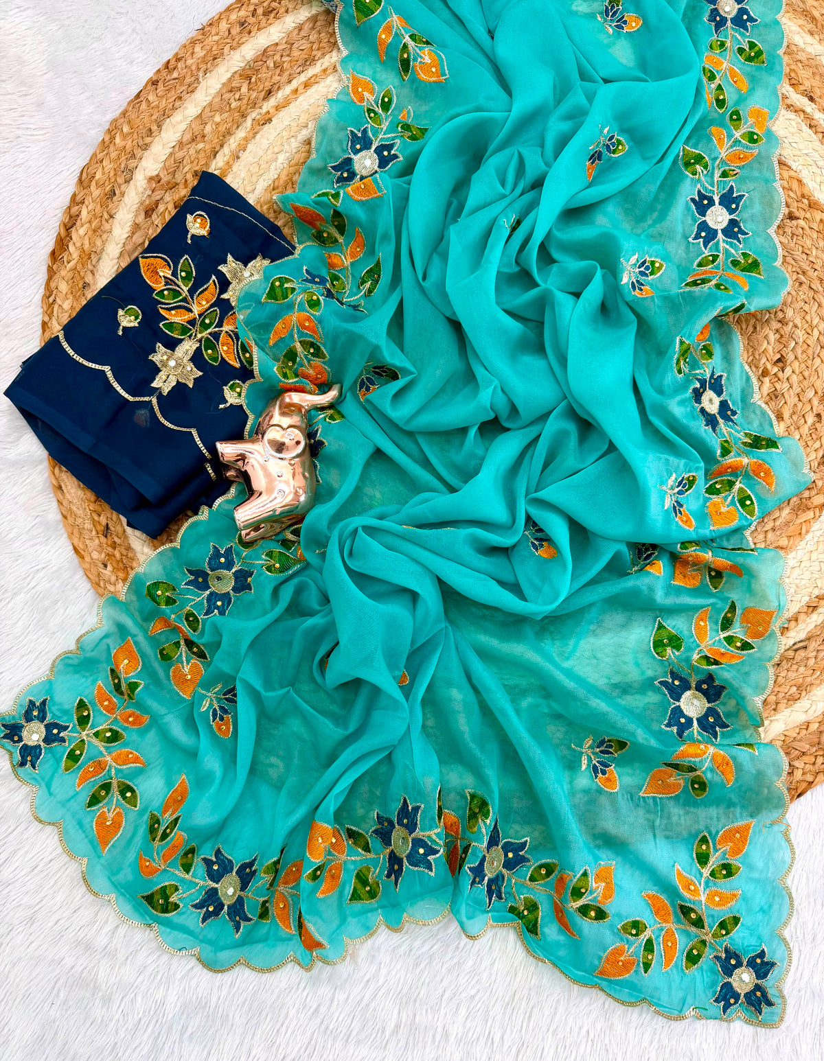 Adorning Festive Wear Georgette Embroidery n Diamond Work Saree With Contrast Blouse Piece