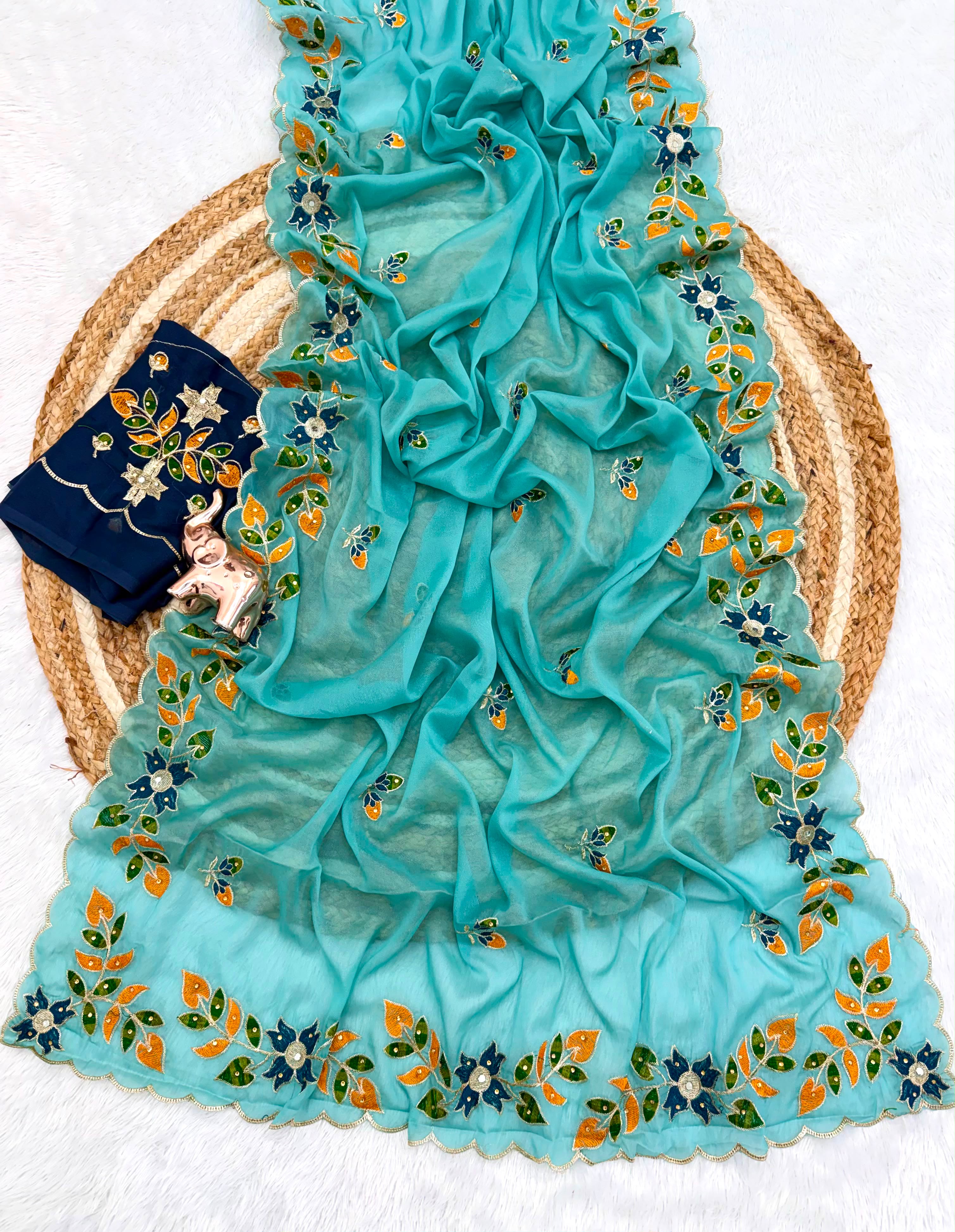 Adorning Festive Wear Georgette Embroidery n Diamond Work Saree With Contrast Blouse Piece