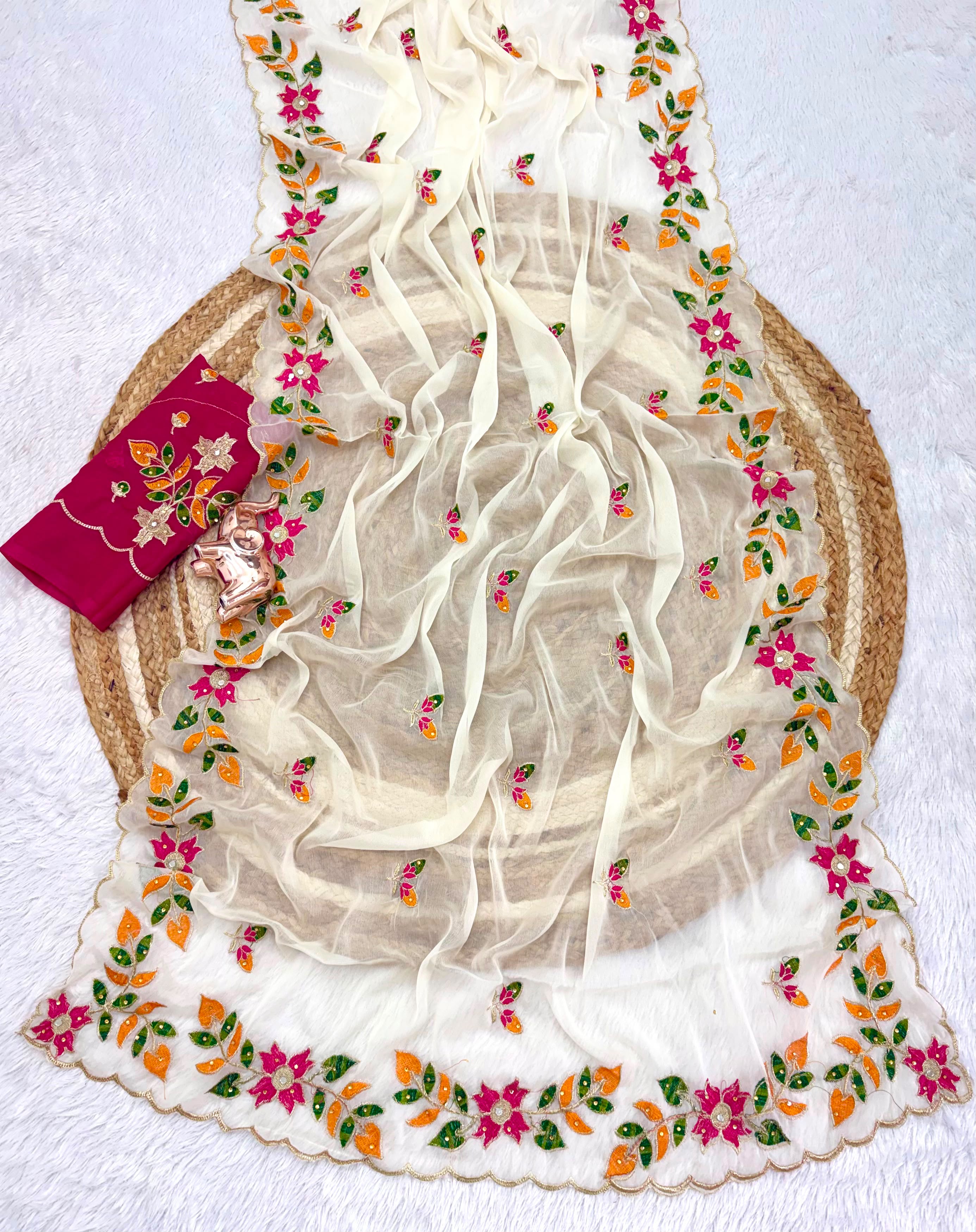 Adorning Festive Wear Georgette Embroidery n Diamond Work Saree With Contrast Blouse Piece