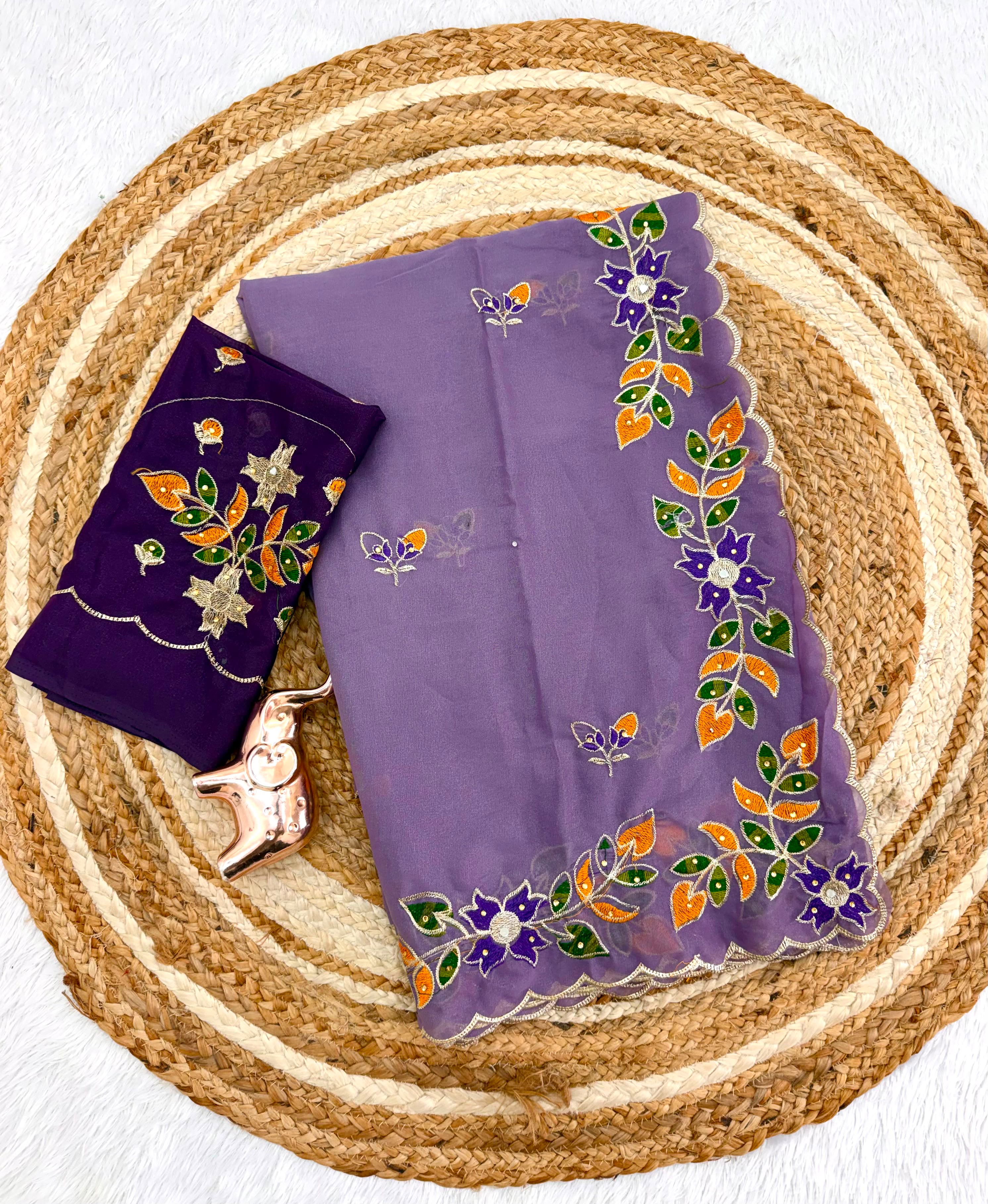 Adorning Festive Wear Georgette Embroidery n Diamond Work Saree With Contrast Blouse Piece