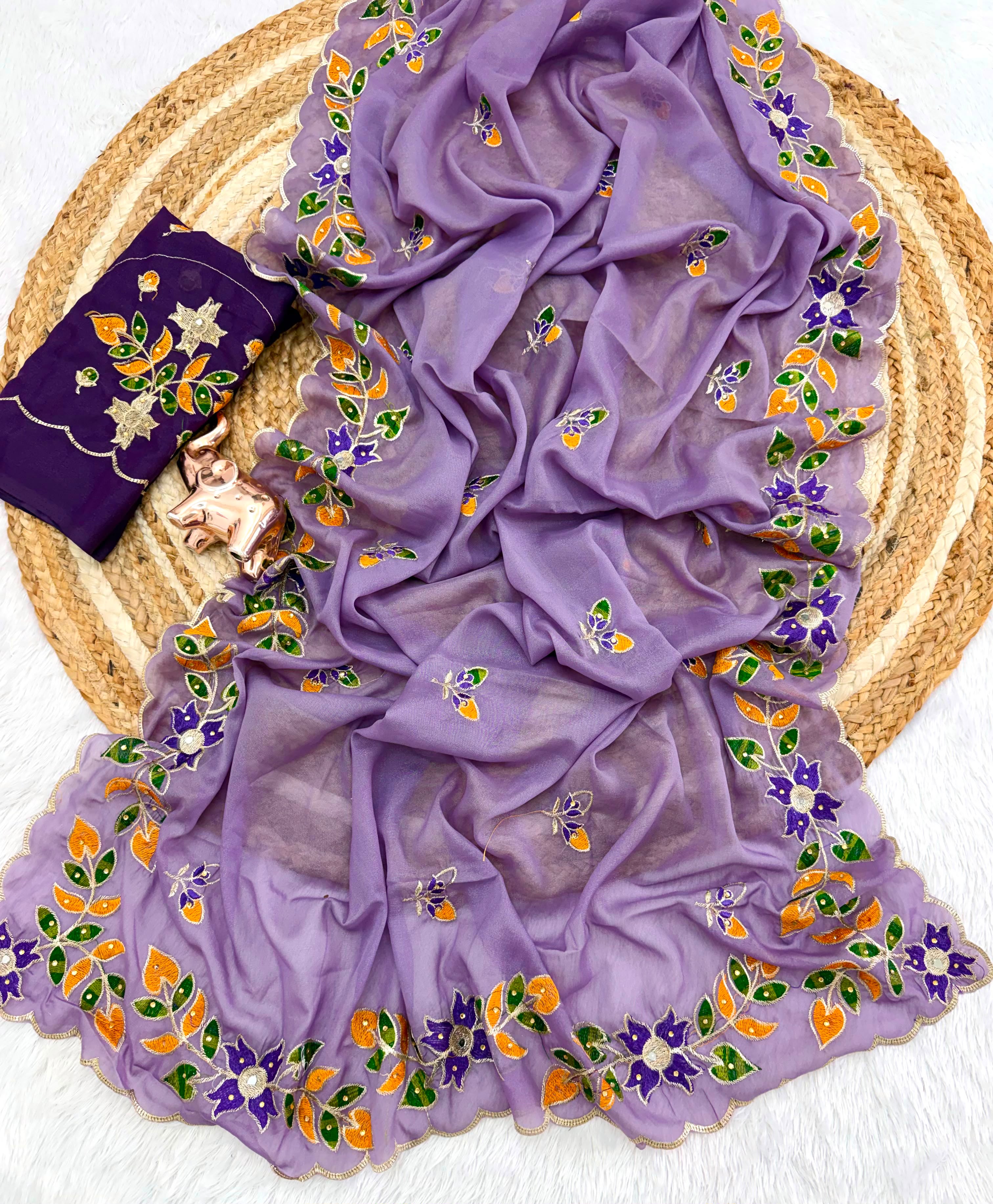 Adorning Festive Wear Georgette Embroidery n Diamond Work Saree With Contrast Blouse Piece