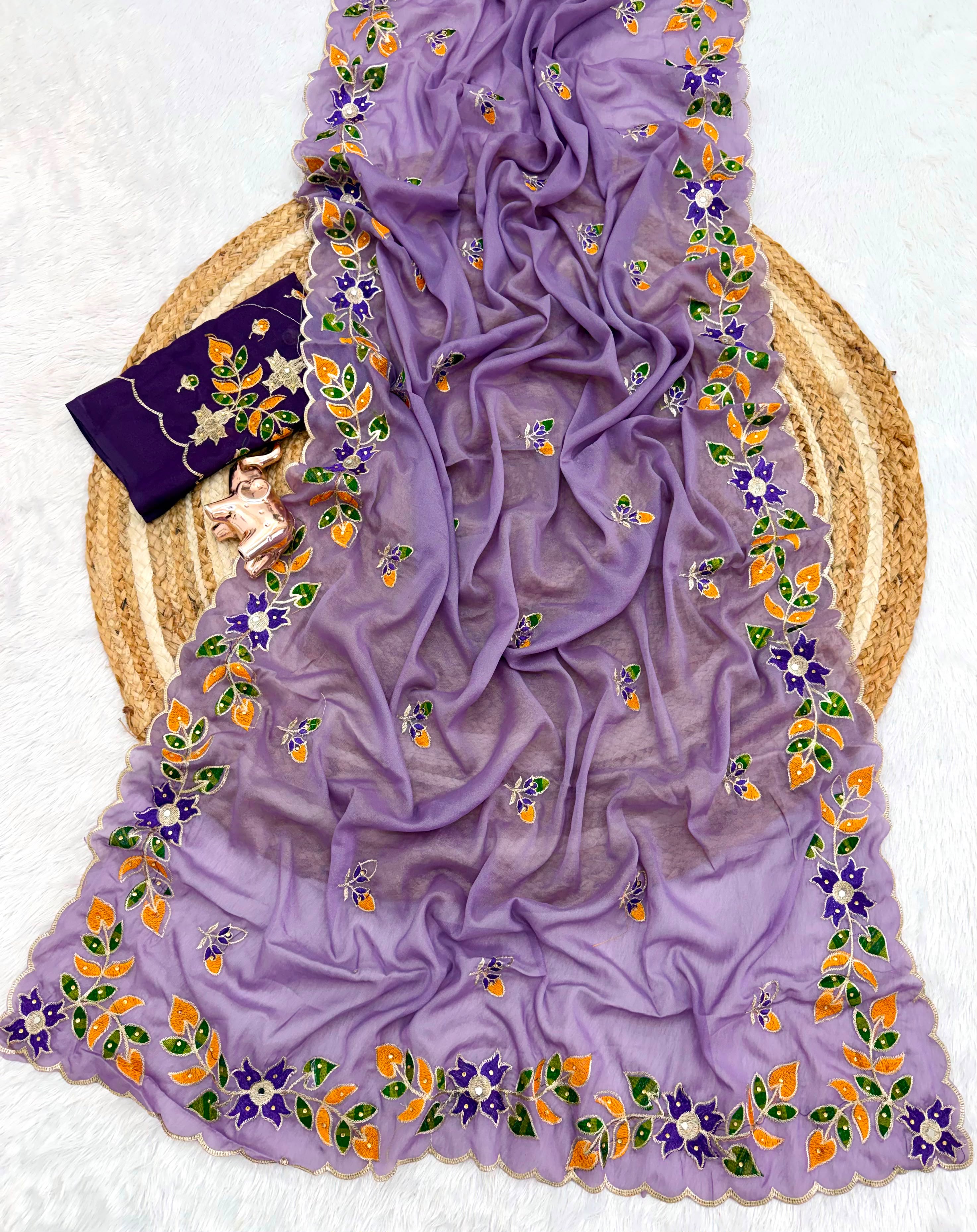 Adorning Festive Wear Georgette Embroidery n Diamond Work Saree With Contrast Blouse Piece