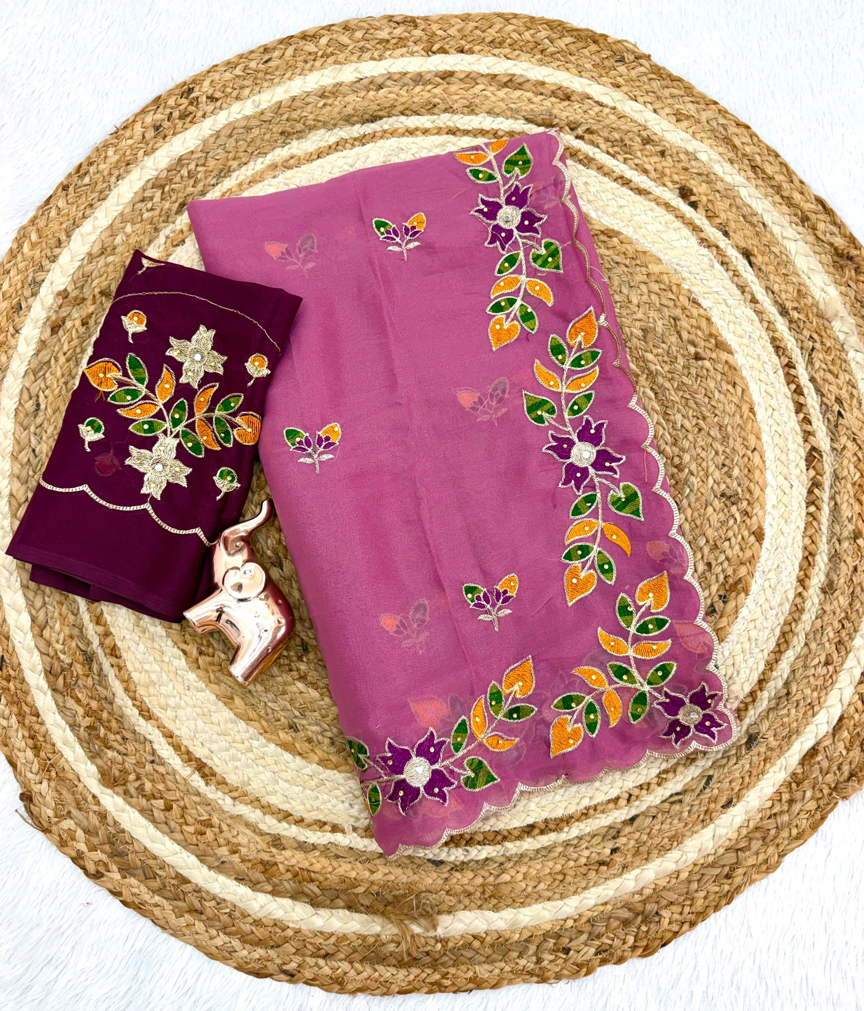 Adorning Festive Wear Georgette Embroidery n Diamond Work Saree With Contrast Blouse Piece