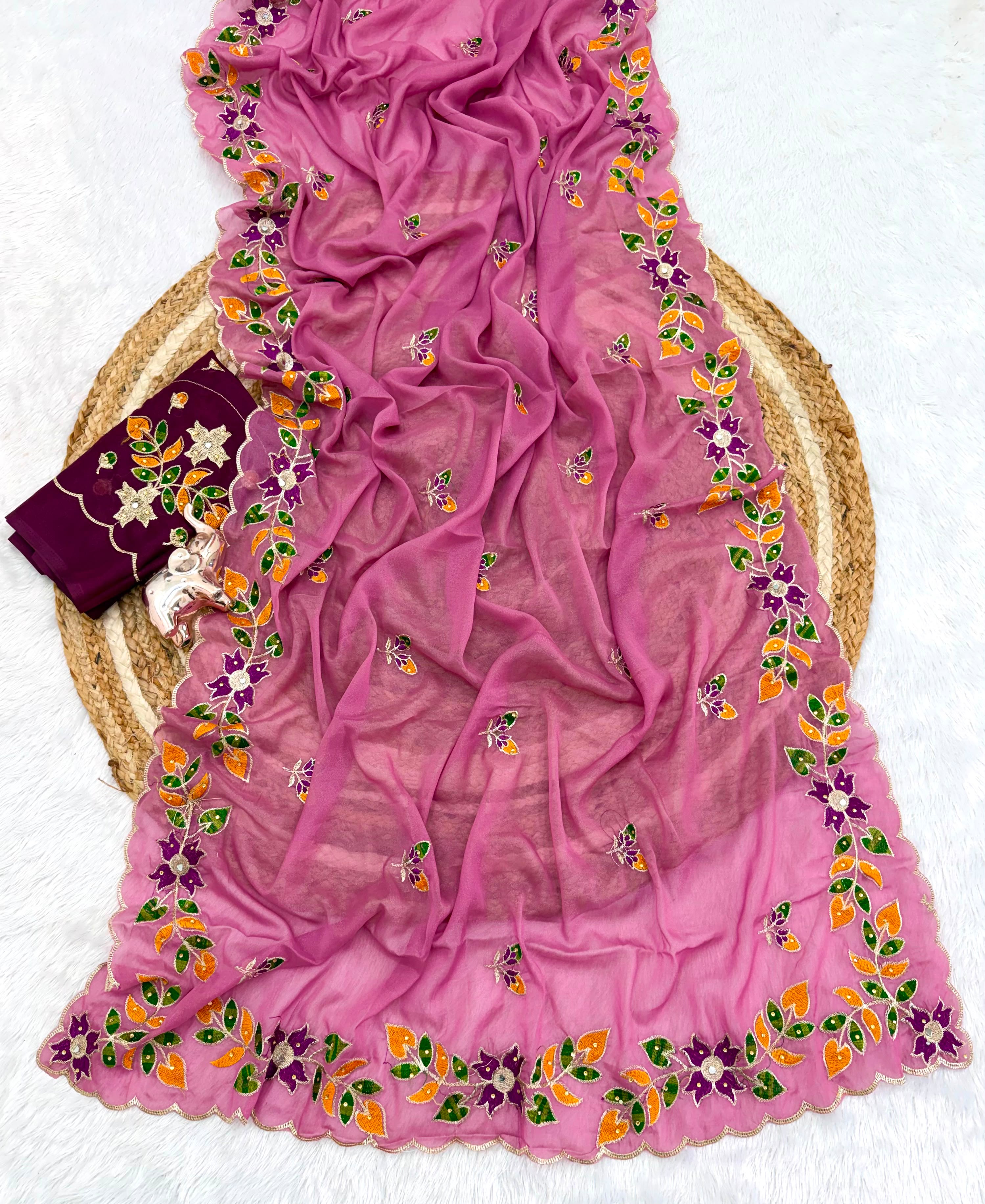 Adorning Festive Wear Georgette Embroidery n Diamond Work Saree With Contrast Blouse Piece