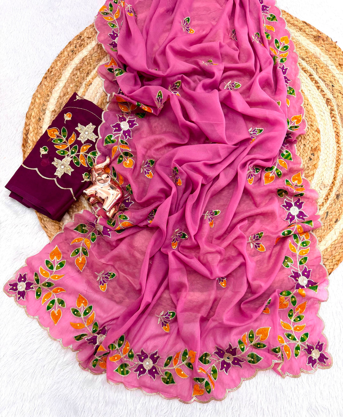 Adorning Festive Wear Georgette Embroidery n Diamond Work Saree With Contrast Blouse Piece