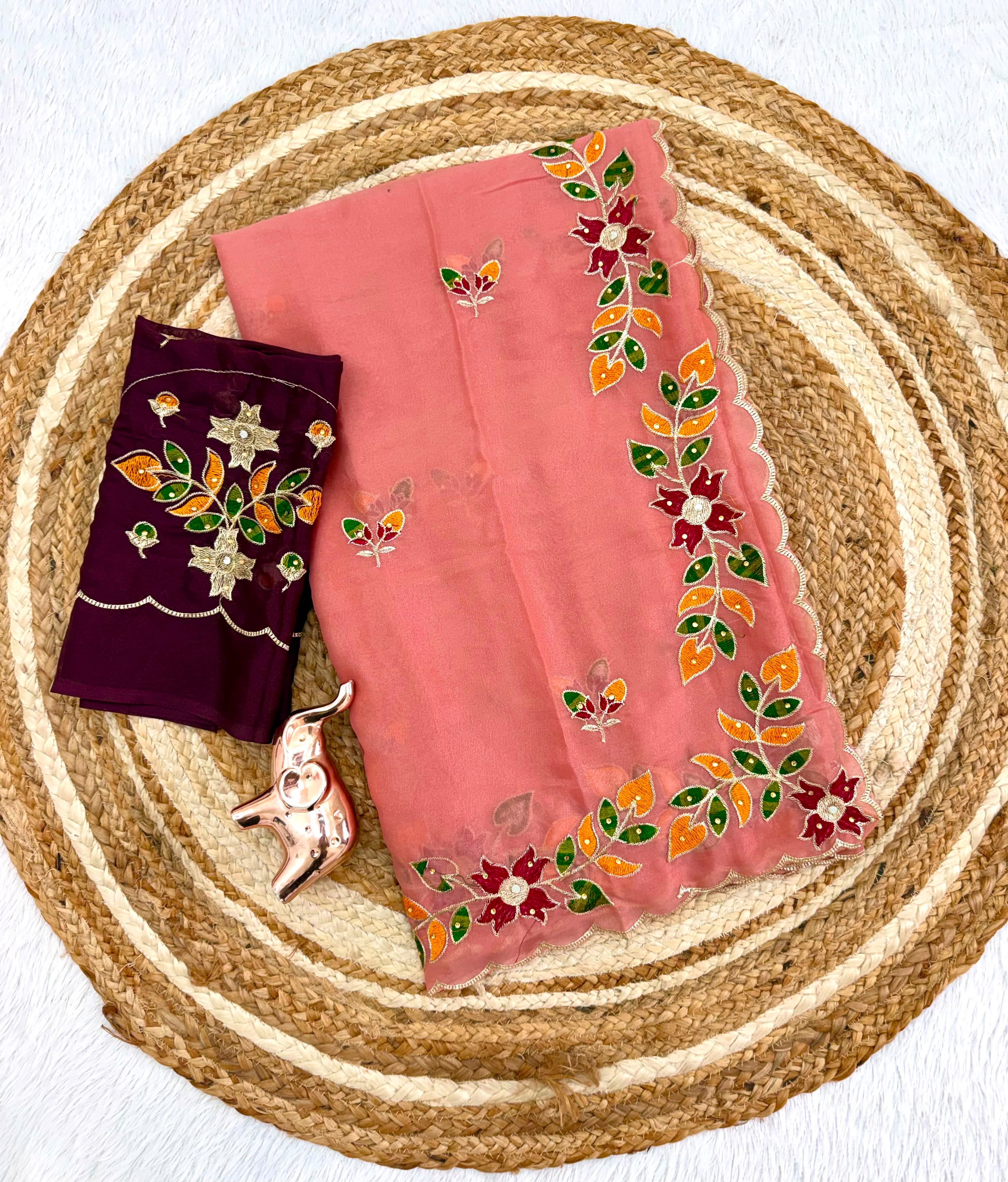 Adorning Festive Wear Georgette Embroidery n Diamond Work Saree With Contrast Blouse Piece