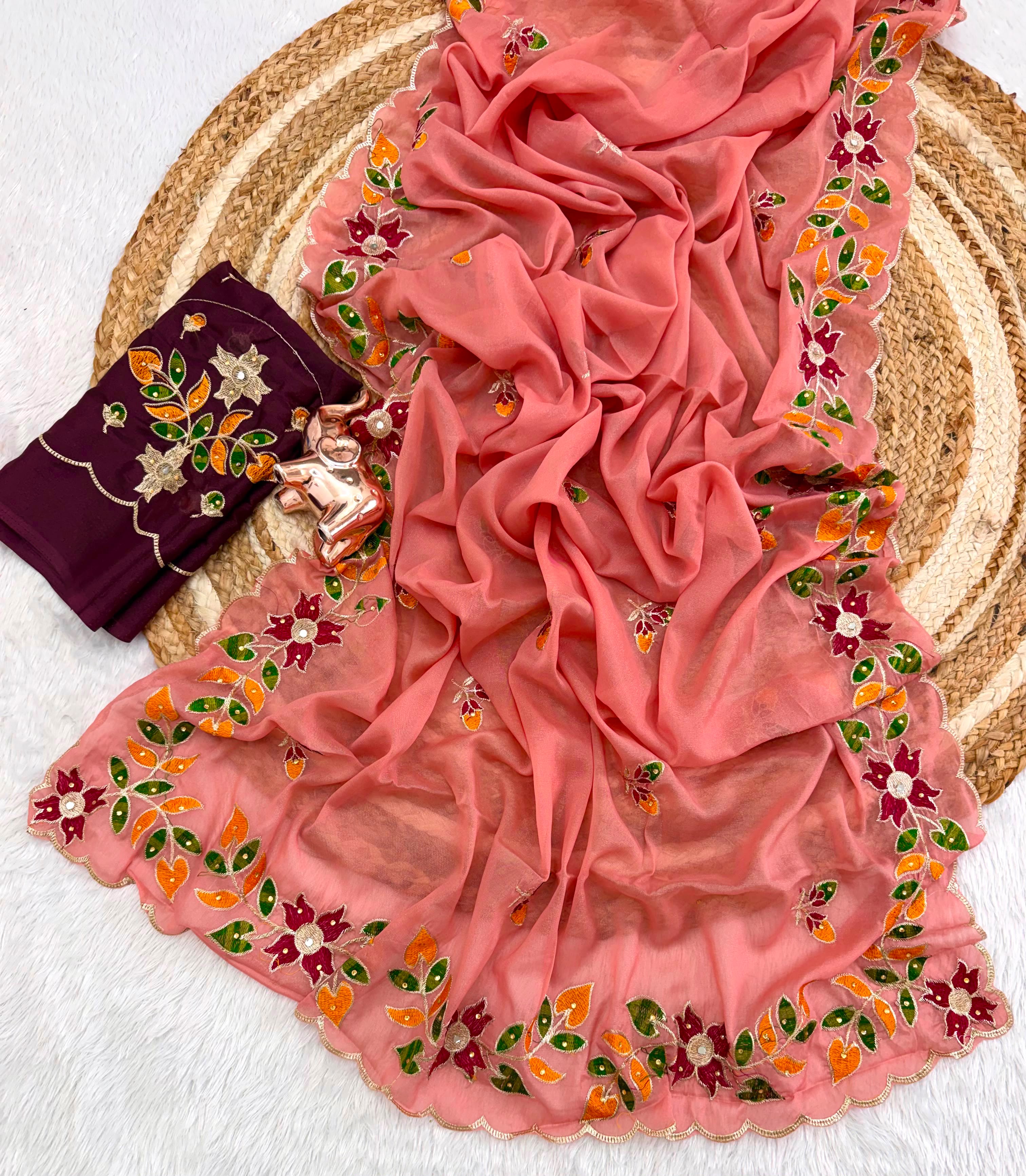 Adorning Festive Wear Georgette Embroidery n Diamond Work Saree With Contrast Blouse Piece