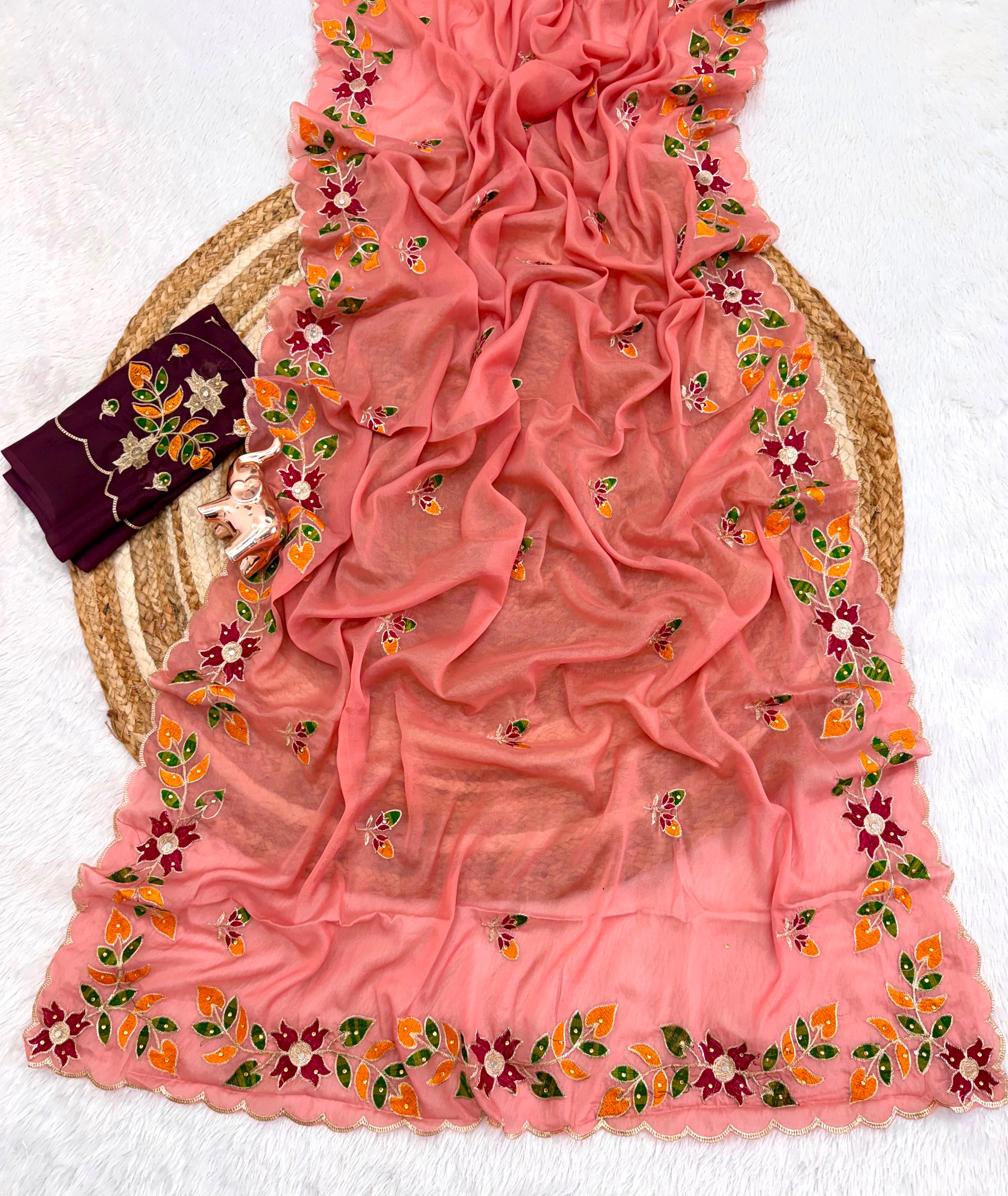 Adorning Festive Wear Georgette Embroidery n Diamond Work Saree With Contrast Blouse Piece