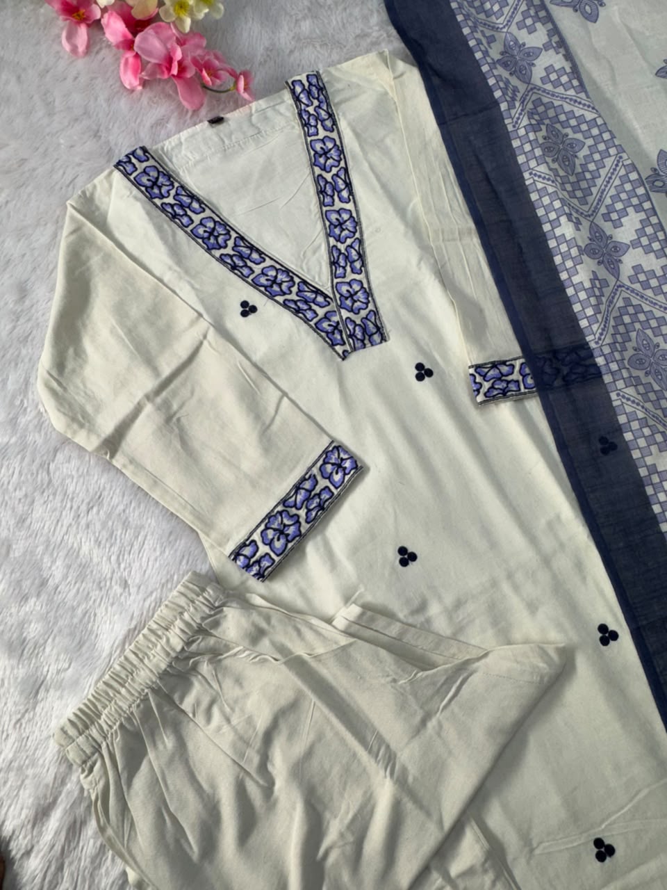 Scrupulous Festive Wear Cotton Embroidery Work Designer Straight Kurta With Trouser Dupatta Set