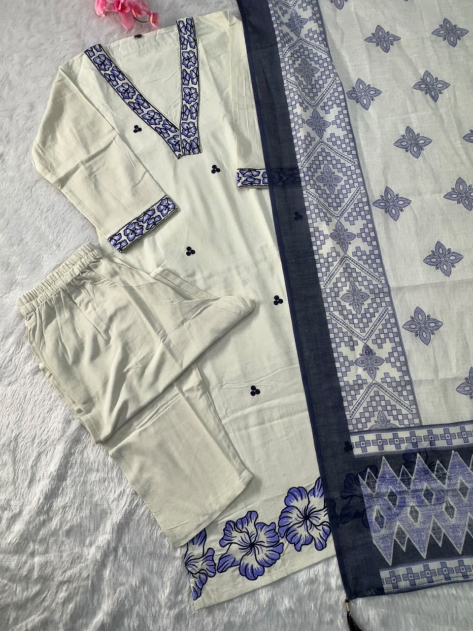 Scrupulous Festive Wear Cotton Embroidery Work Designer Straight Kurta With Trouser Dupatta Set